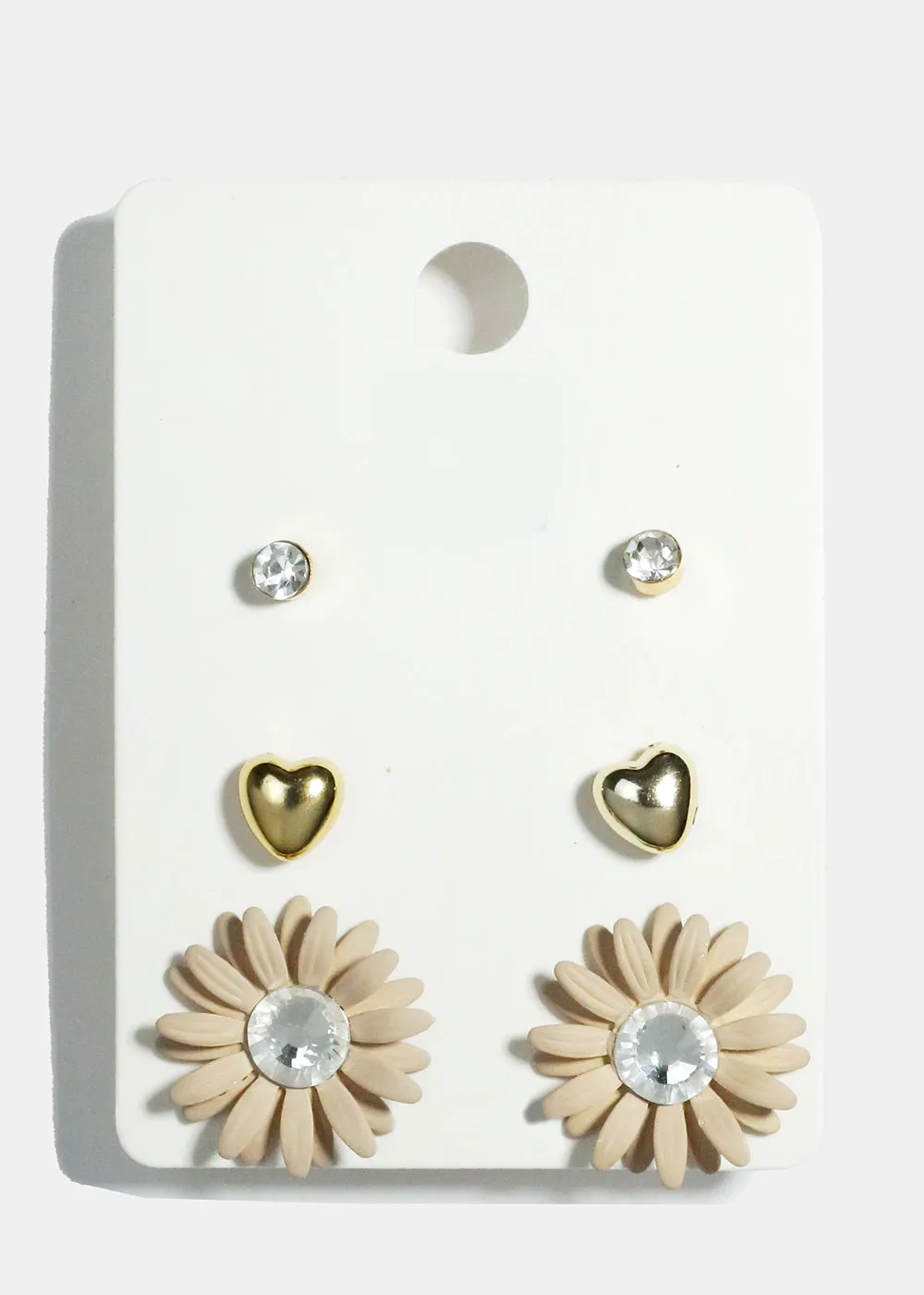 3 Pair Flower Stud Earrings