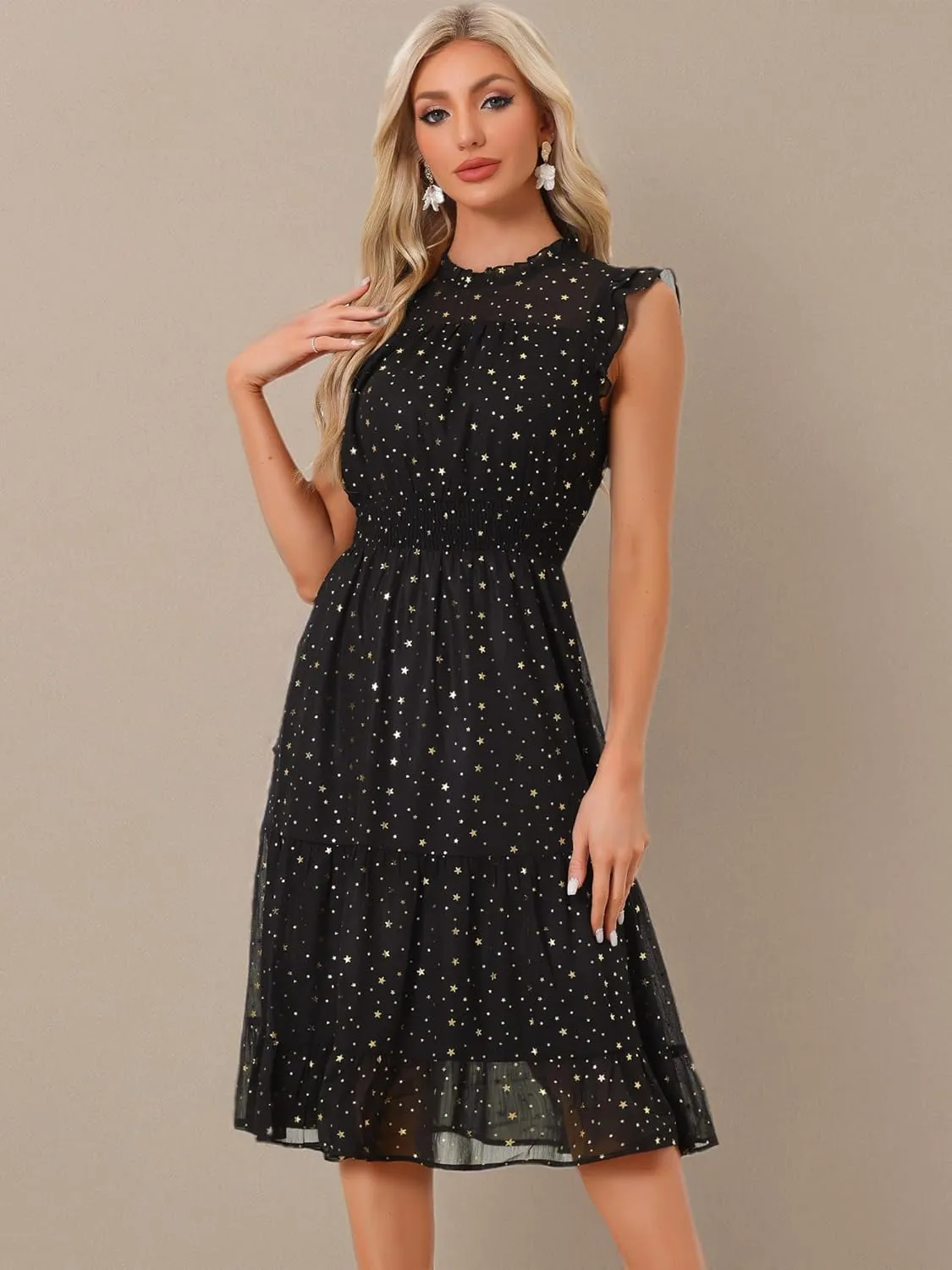 Allegra K Casual Chiffon Midi Dress for Women's Sleeveless Smocked Waist Gilding Metallic Stars Party Dresses