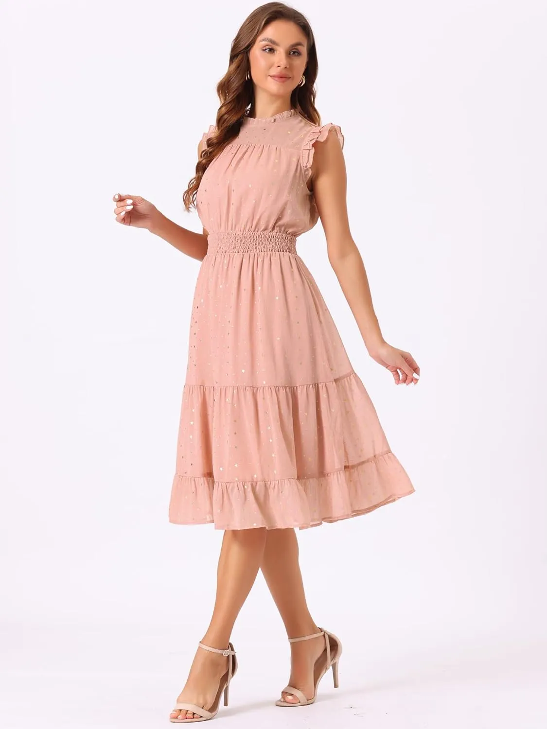 Allegra K Casual Chiffon Midi Dress for Women's Sleeveless Smocked Waist Gilding Metallic Stars Party Dresses