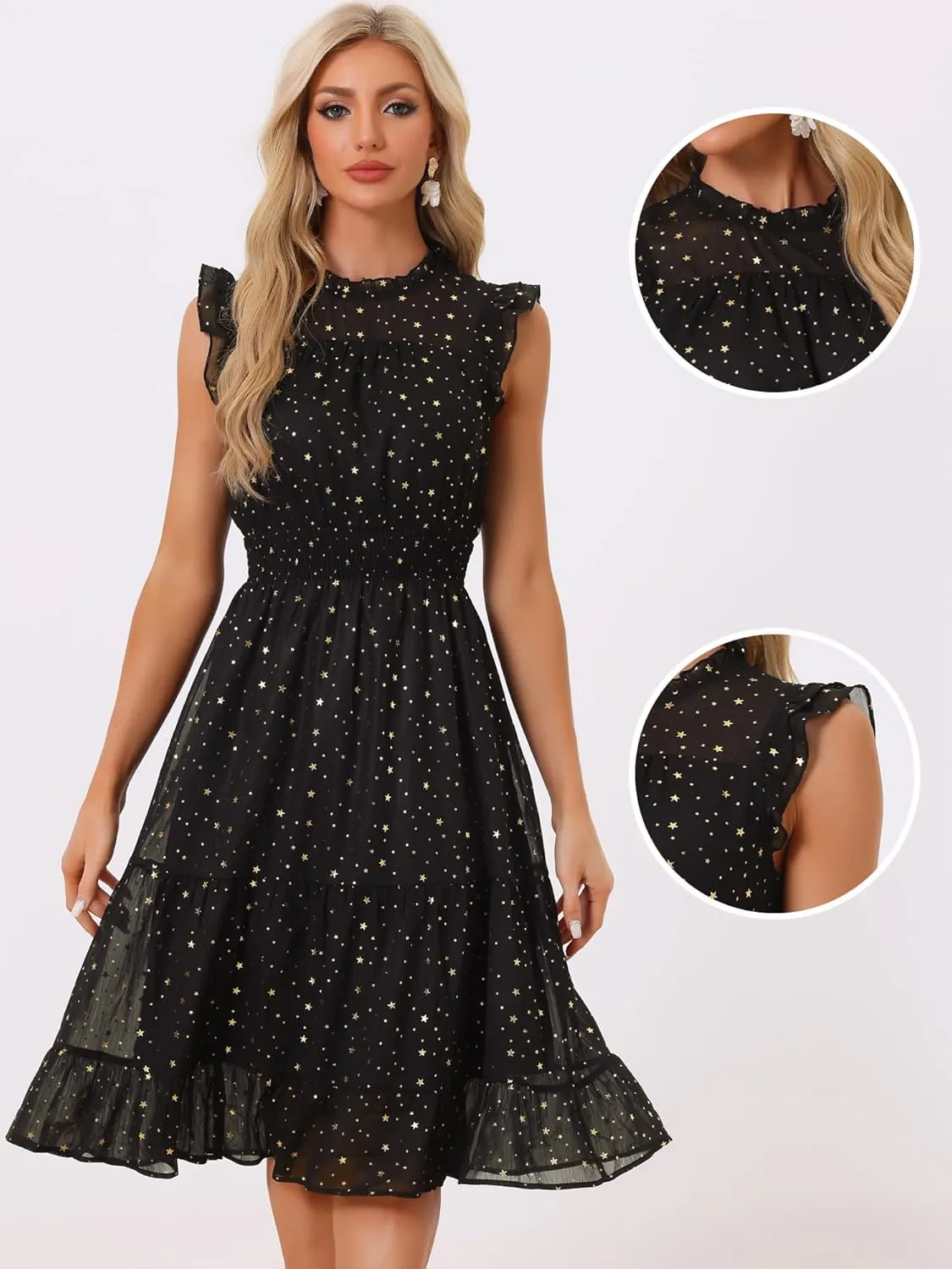 Allegra K Casual Chiffon Midi Dress for Women's Sleeveless Smocked Waist Gilding Metallic Stars Party Dresses
