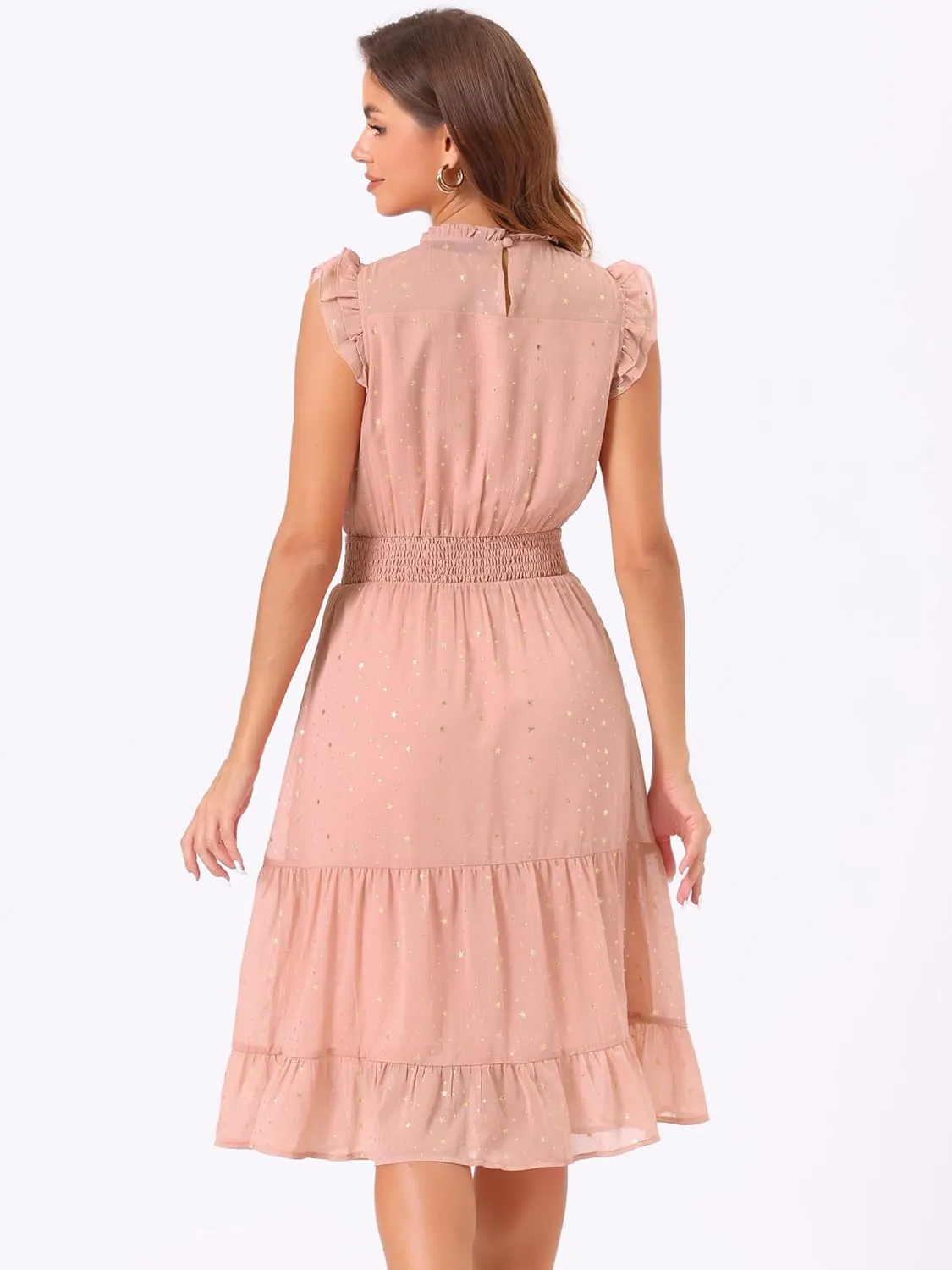 Allegra K Casual Chiffon Midi Dress for Women's Sleeveless Smocked Waist Gilding Metallic Stars Party Dresses