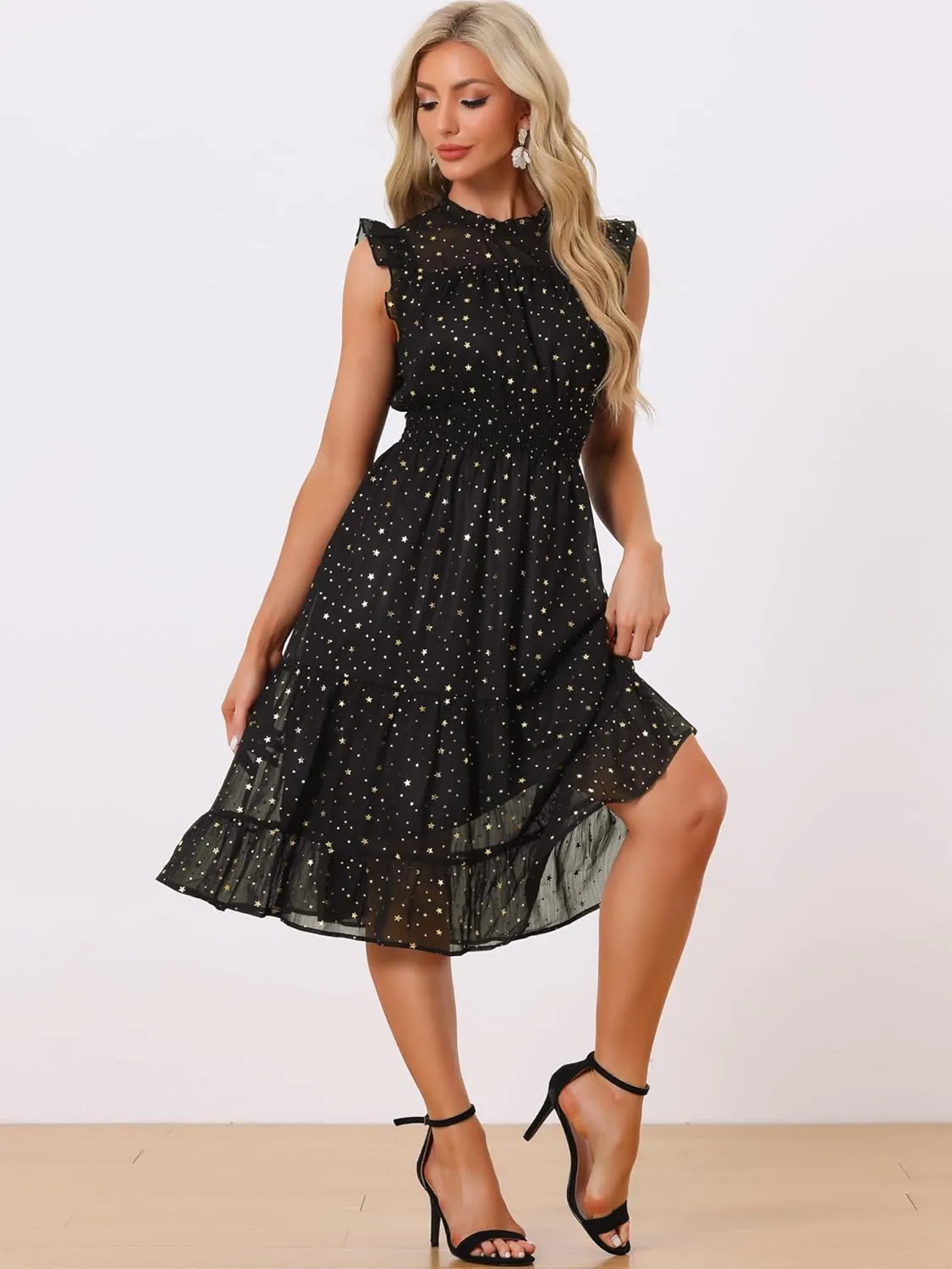 Allegra K Casual Chiffon Midi Dress for Women's Sleeveless Smocked Waist Gilding Metallic Stars Party Dresses