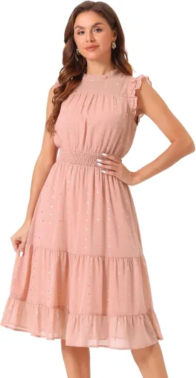 Allegra K Casual Chiffon Midi Dress for Women's Sleeveless Smocked Waist Gilding Metallic Stars Party Dresses
