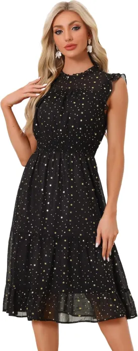Allegra K Casual Chiffon Midi Dress for Women's Sleeveless Smocked Waist Gilding Metallic Stars Party Dresses