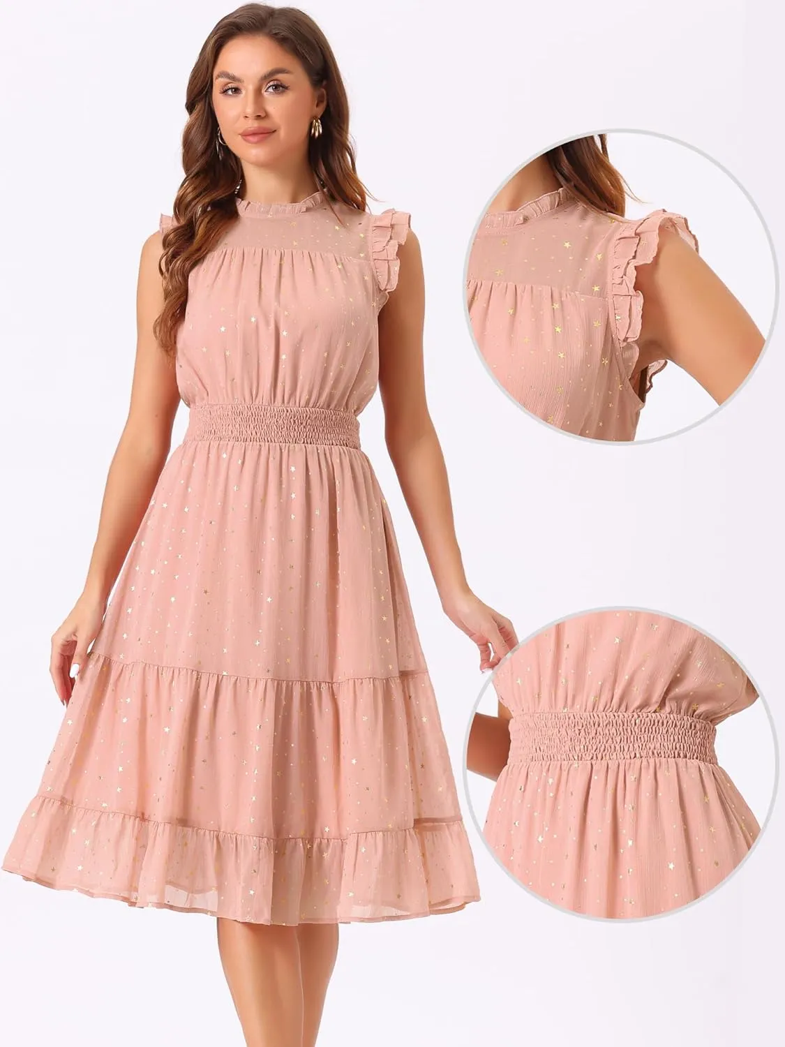 Allegra K Casual Chiffon Midi Dress for Women's Sleeveless Smocked Waist Gilding Metallic Stars Party Dresses