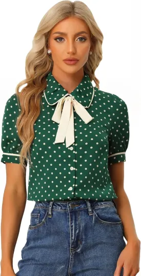 Allegra K Polka Dots Blouse for Women's Peter Pan Collar Bow Tie Neck Puff Sleeve Vintage Shirt Top