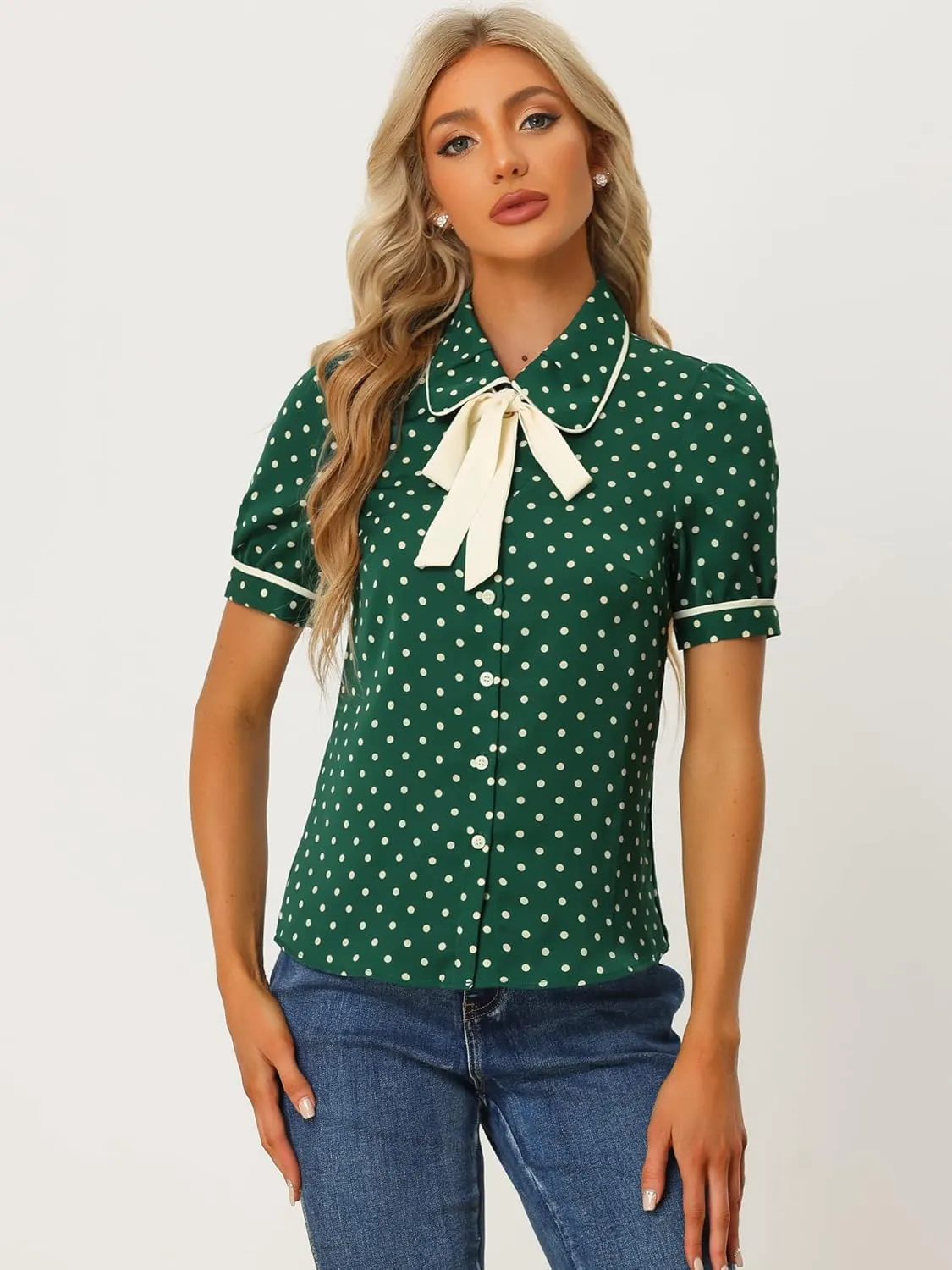 Allegra K Polka Dots Blouse for Women's Peter Pan Collar Bow Tie Neck Puff Sleeve Vintage Shirt Top