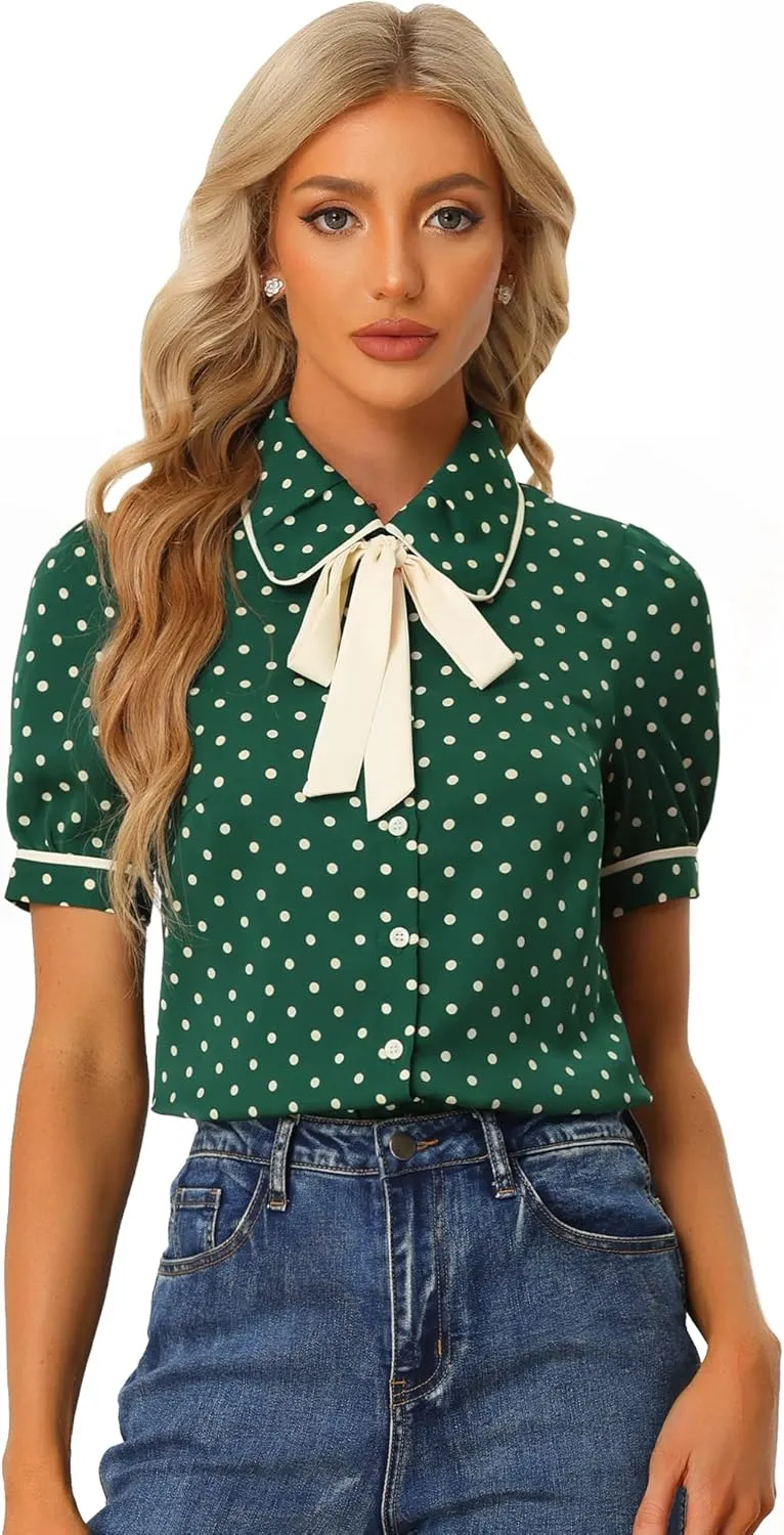Allegra K Polka Dots Blouse for Women's Peter Pan Collar Bow Tie Neck Puff Sleeve Vintage Shirt Top