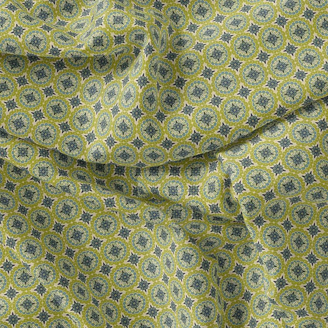 Attractive Tiny Green Link Flower Digital Printed Fabric - Crepe