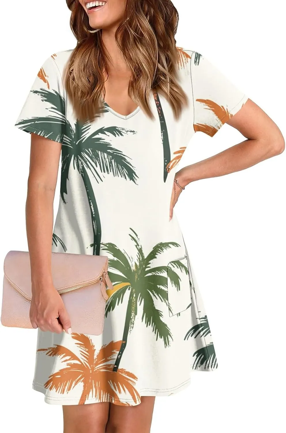 Beach Vacation Clothes for Women Summer Spring Dresses 2025 Middle Sleeve Round Neck Casual Sundress with Pocket