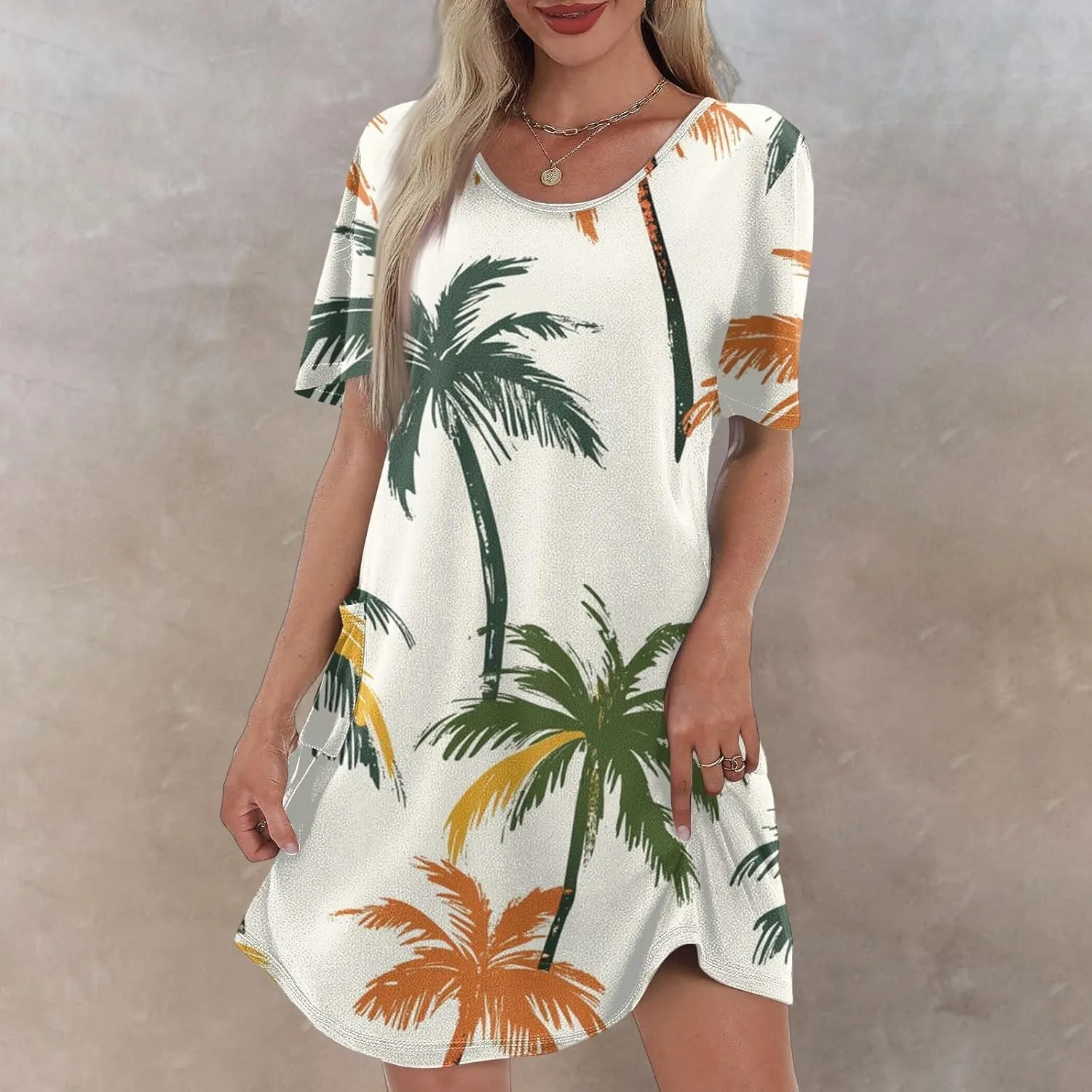 Beach Vacation Clothes for Women Summer Spring Dresses 2025 Middle Sleeve Round Neck Casual Sundress with Pocket
