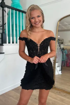 Black Off the Shoulder Lace Short Homecoming Dresses with Beadings VK24082601