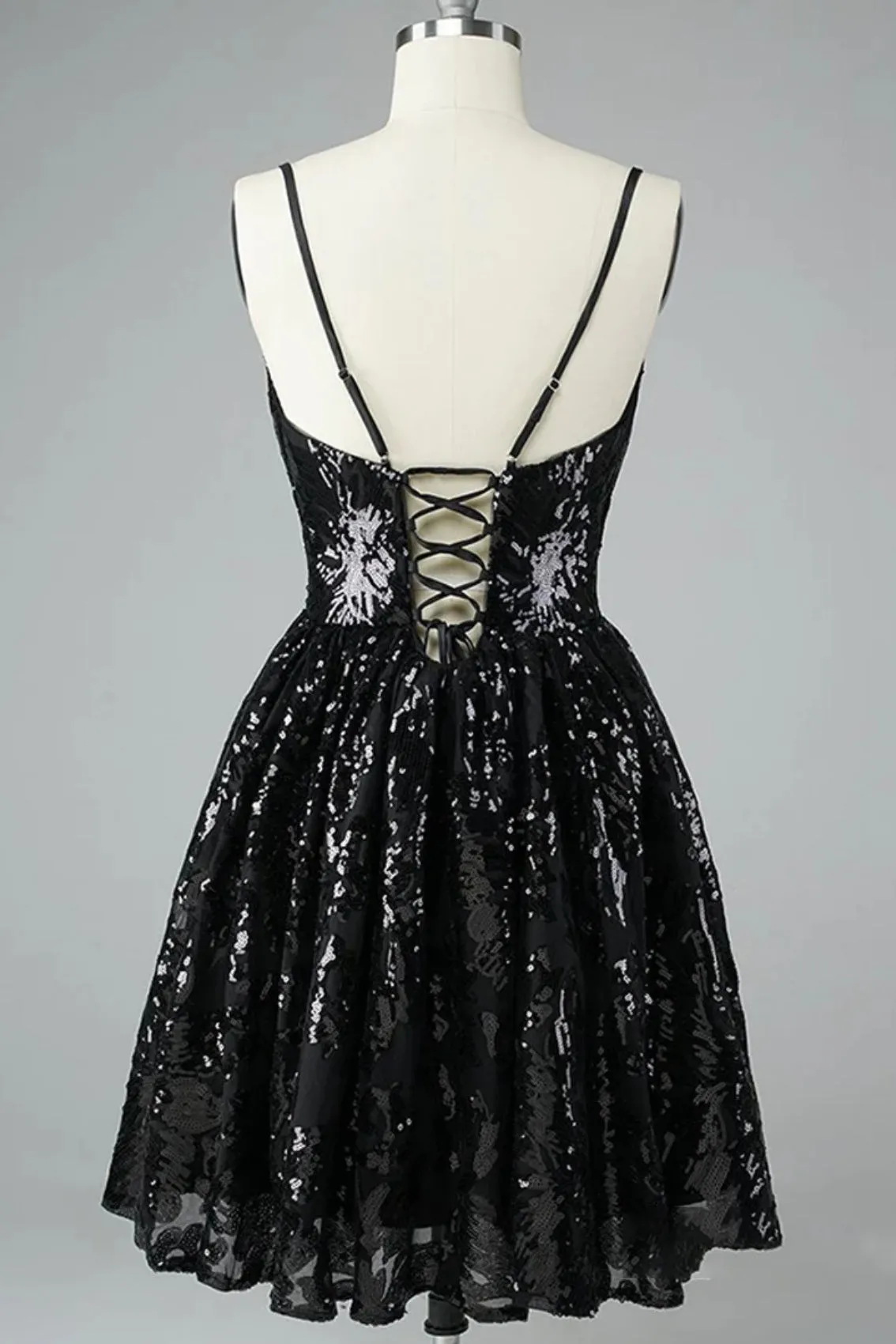 Black Spaghetti Straps V Neck Sequins Short Homecoming Dresses VK23061810