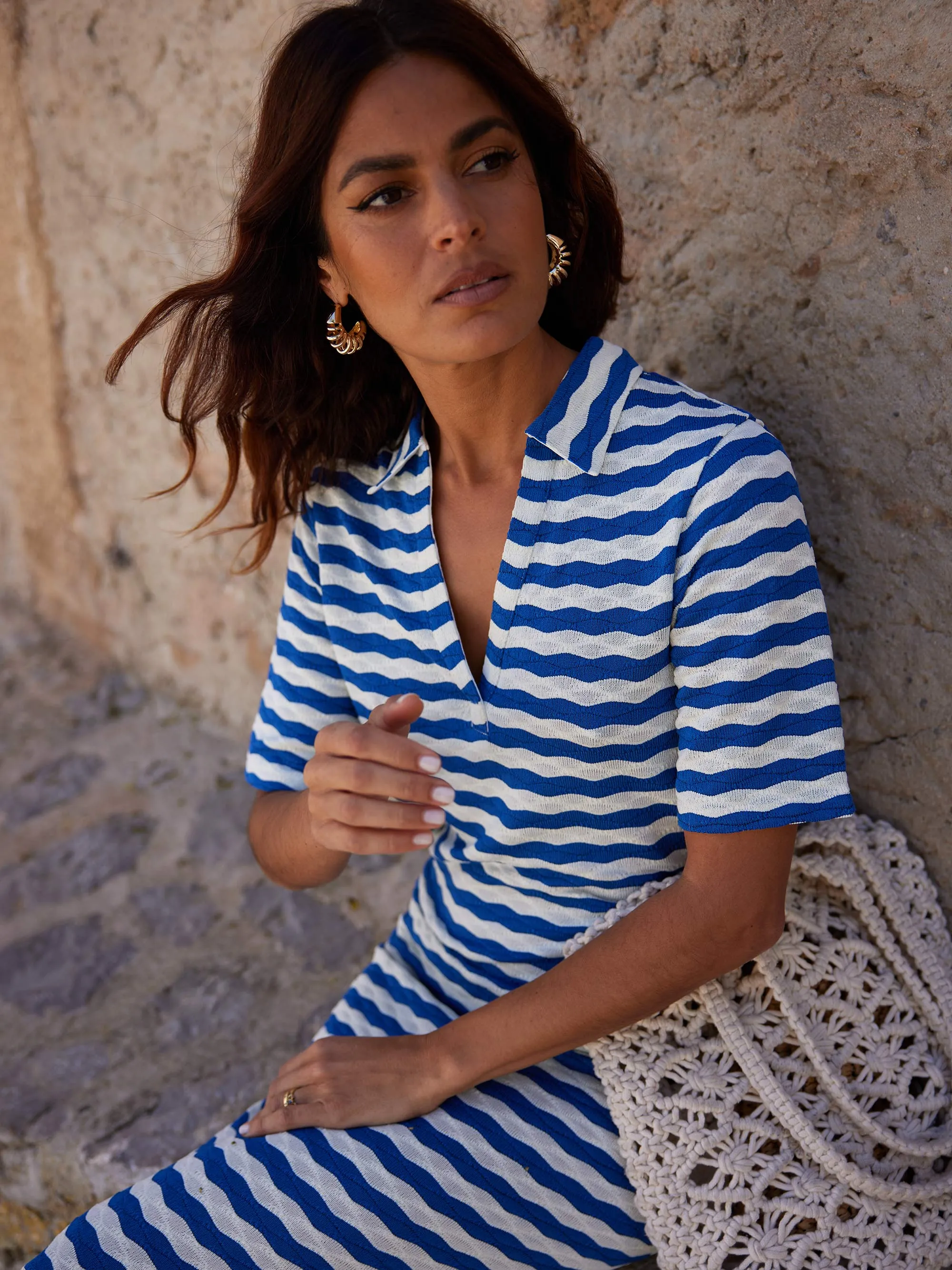 Blue Stripe Knit Collared Dress