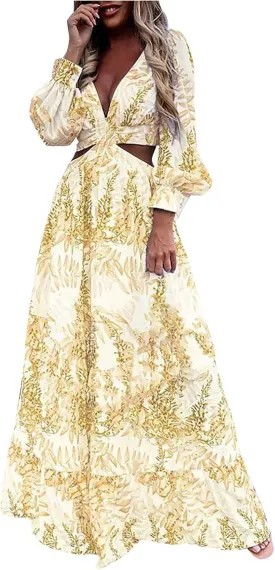 Boho Dresses for Women 2025 Summer Floral V-Neck Sleeves Puff Sleeve Maxi Dresses Flowy Beach Vacation Hawaiian Dress