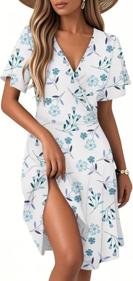 Boho Floral Knee Length Summer Sundresses for Women, V-Neck Short Sleeve High Waist Loose Fit Casual Beach Dress