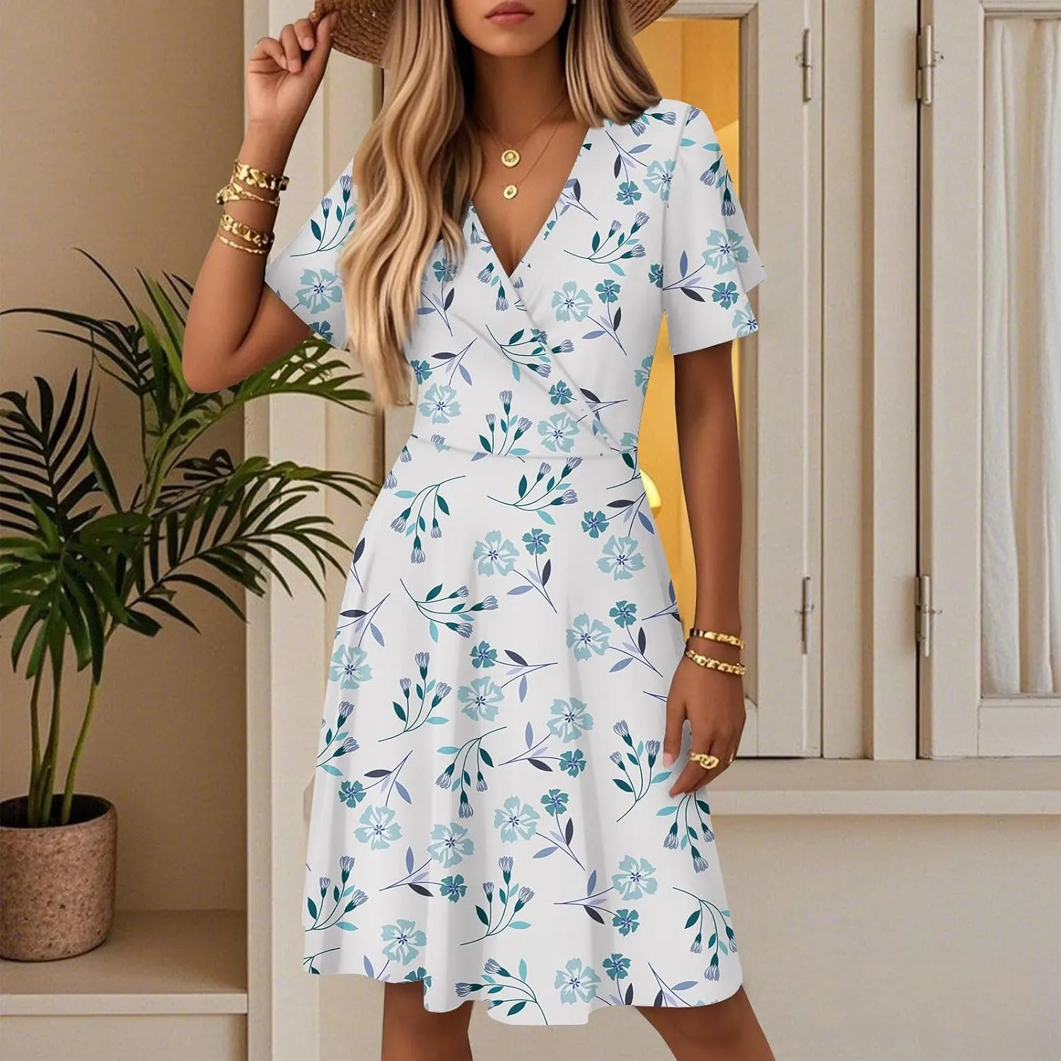 Boho Floral Knee Length Summer Sundresses for Women, V-Neck Short Sleeve High Waist Loose Fit Casual Beach Dress