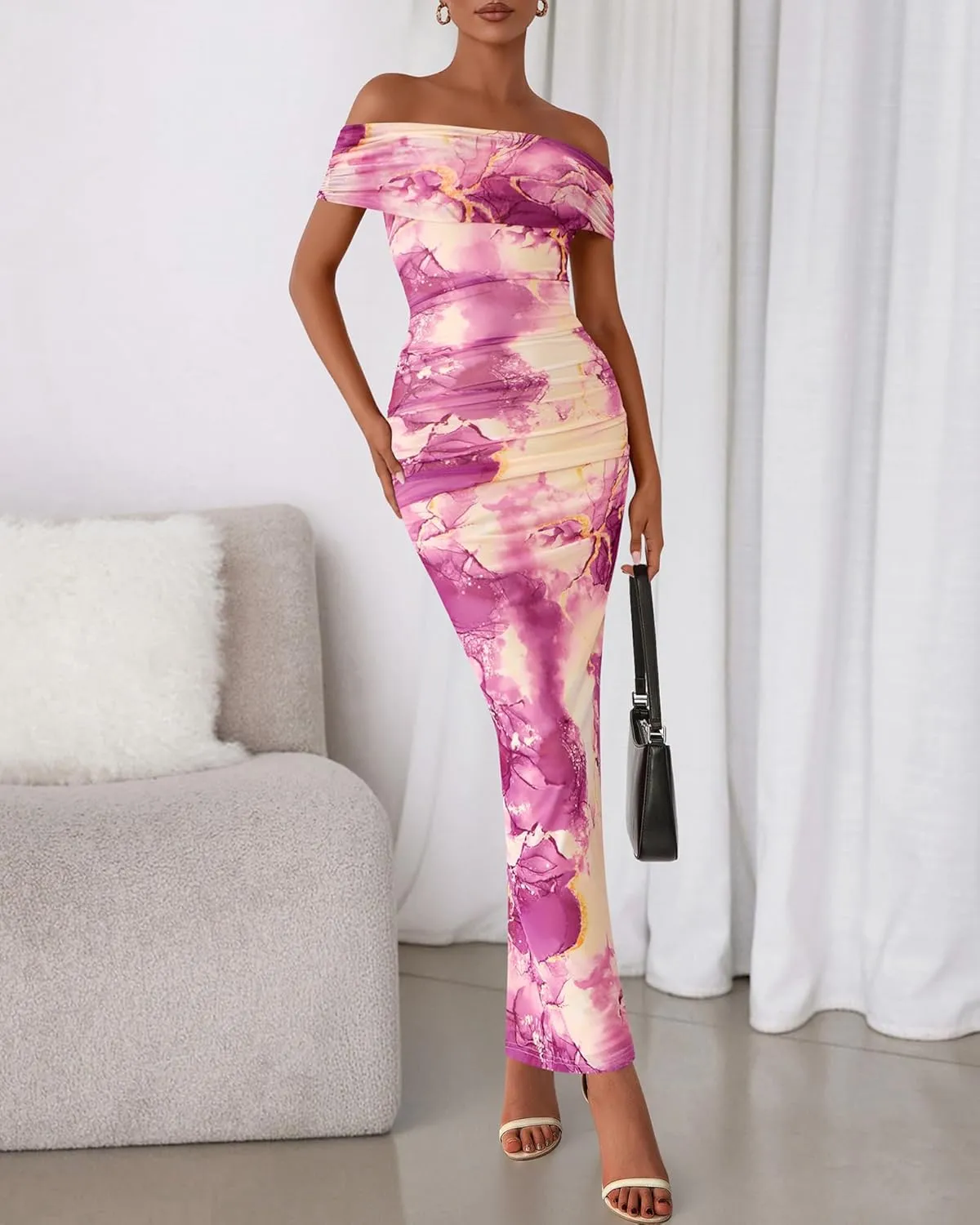 BTFBM Off Shoulder Bodycon Dresses for Women 2025 Summer Ruched Split Mesh Cocktail Party Club Floral Maxi Dress