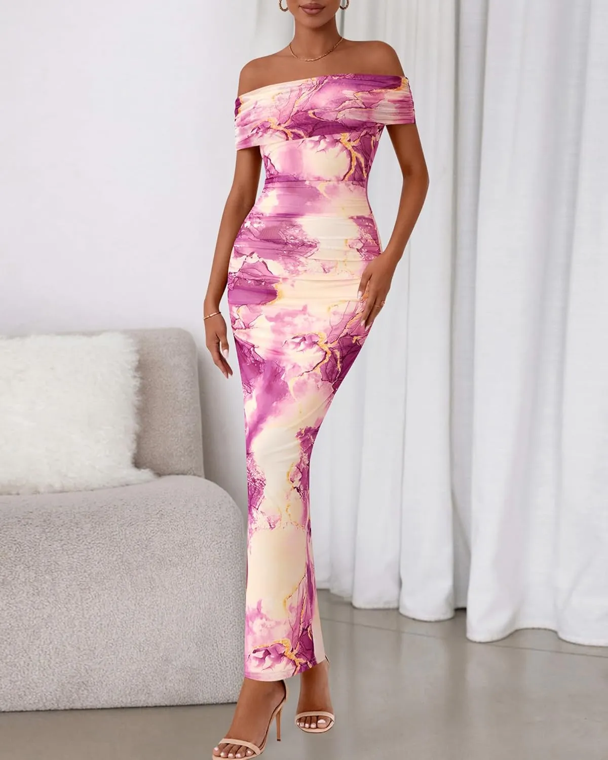 BTFBM Off Shoulder Bodycon Dresses for Women 2025 Summer Ruched Split Mesh Cocktail Party Club Floral Maxi Dress