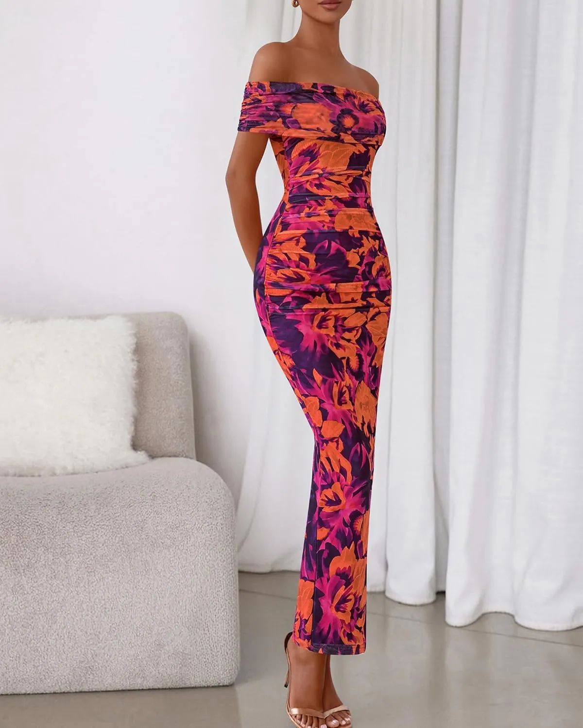 BTFBM Off Shoulder Bodycon Dresses for Women 2025 Summer Ruched Split Mesh Cocktail Party Club Floral Maxi Dress