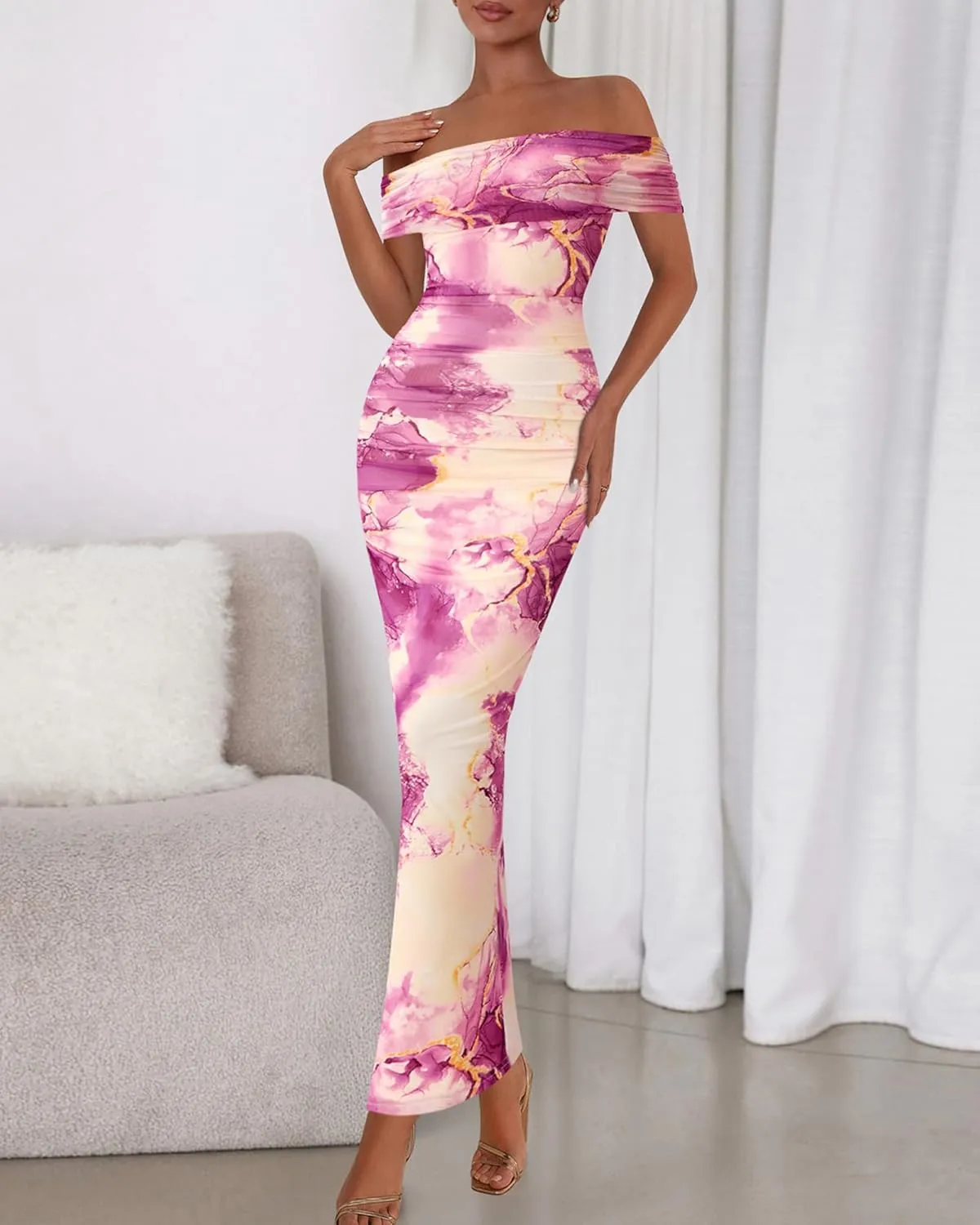 BTFBM Off Shoulder Bodycon Dresses for Women 2025 Summer Ruched Split Mesh Cocktail Party Club Floral Maxi Dress