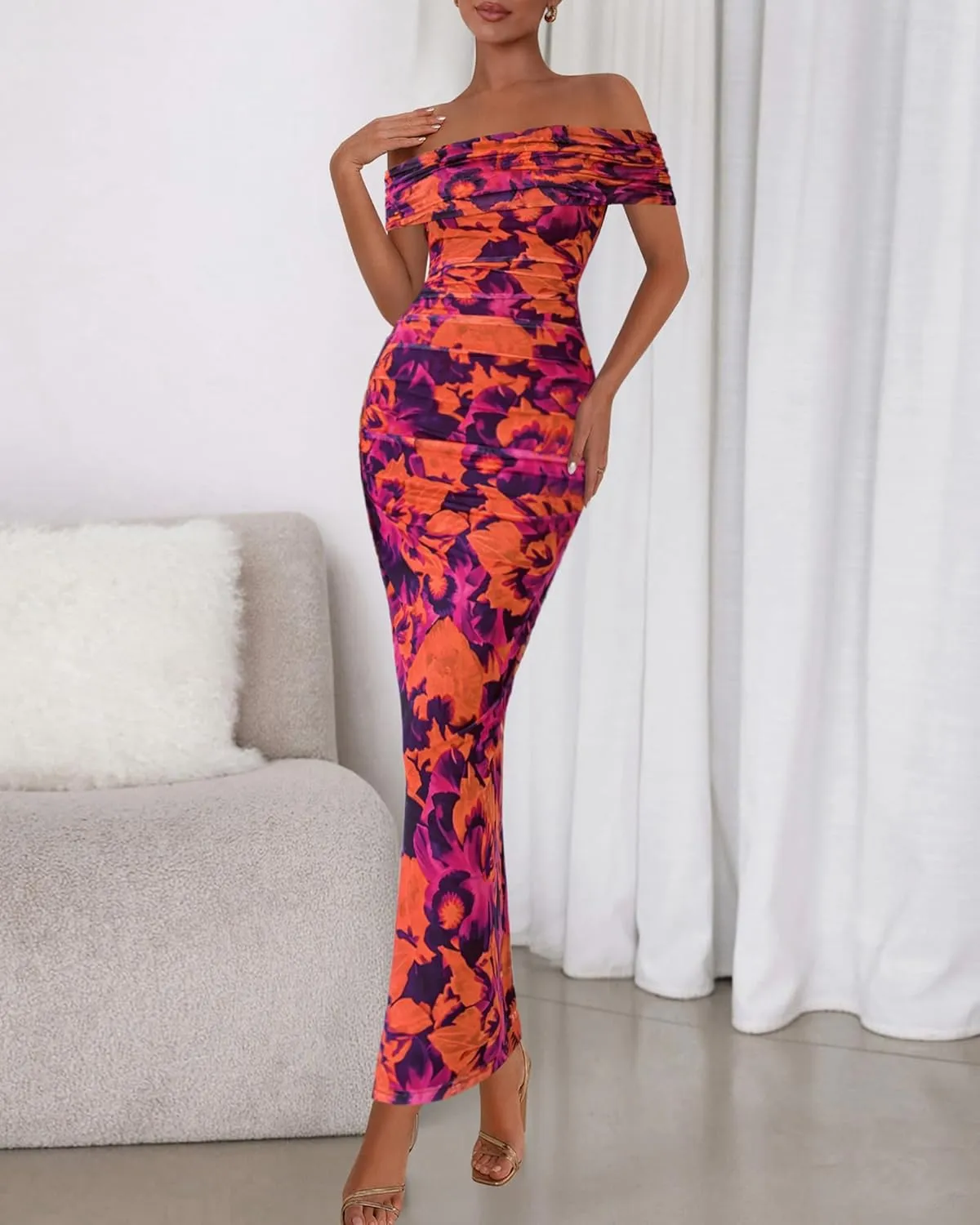 BTFBM Off Shoulder Bodycon Dresses for Women 2025 Summer Ruched Split Mesh Cocktail Party Club Floral Maxi Dress