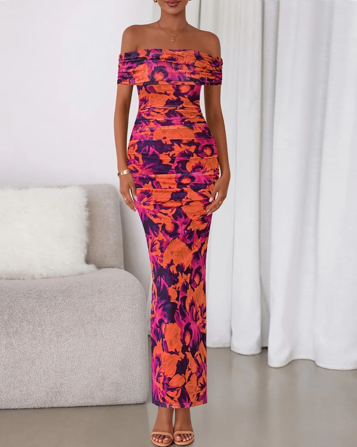 BTFBM Off Shoulder Bodycon Dresses for Women 2025 Summer Ruched Split Mesh Cocktail Party Club Floral Maxi Dress