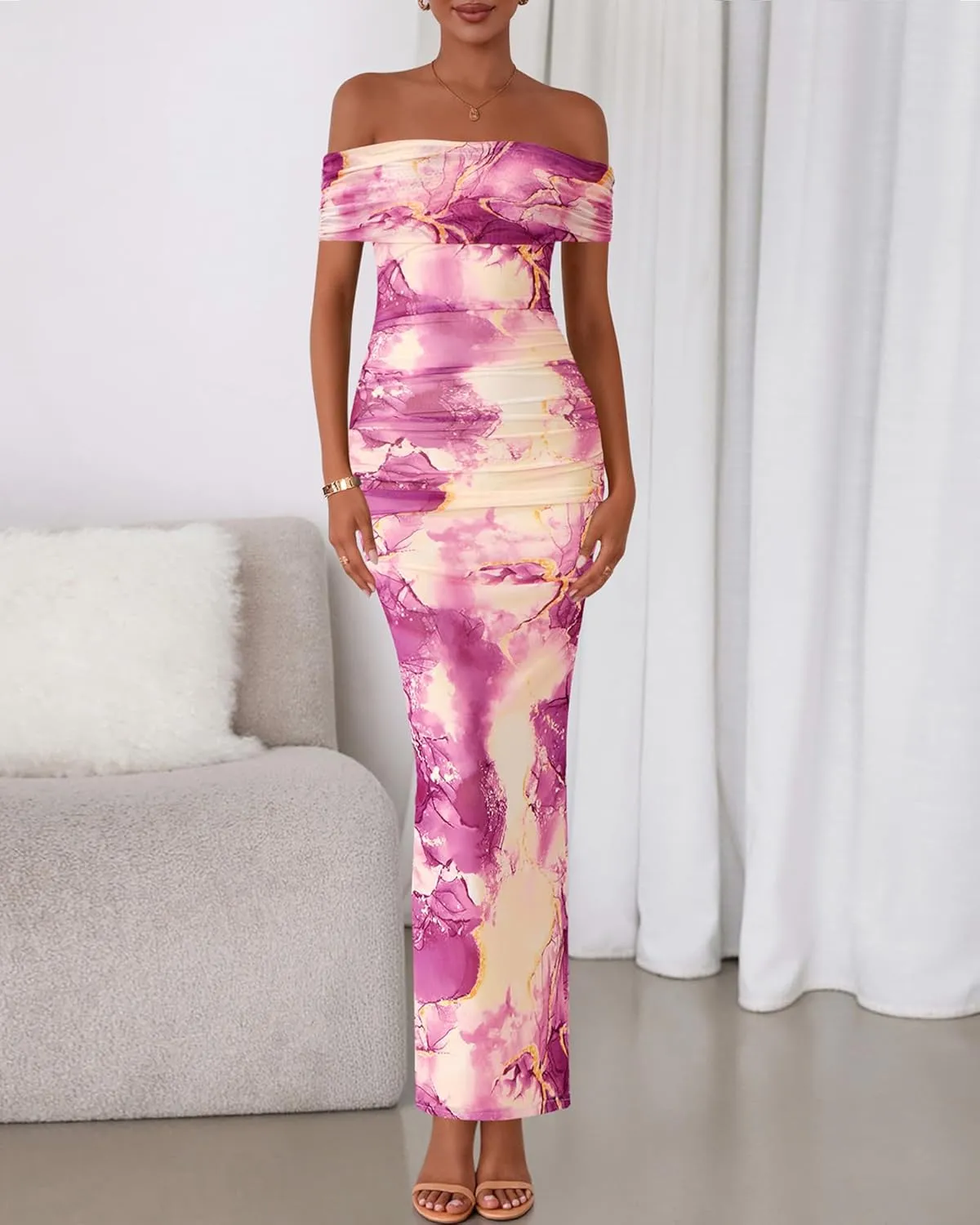 BTFBM Off Shoulder Bodycon Dresses for Women 2025 Summer Ruched Split Mesh Cocktail Party Club Floral Maxi Dress