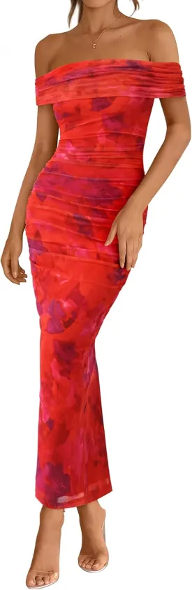 BTFBM Off Shoulder Bodycon Dresses for Women 2025 Summer Ruched Split Mesh Cocktail Party Club Floral Maxi Dress