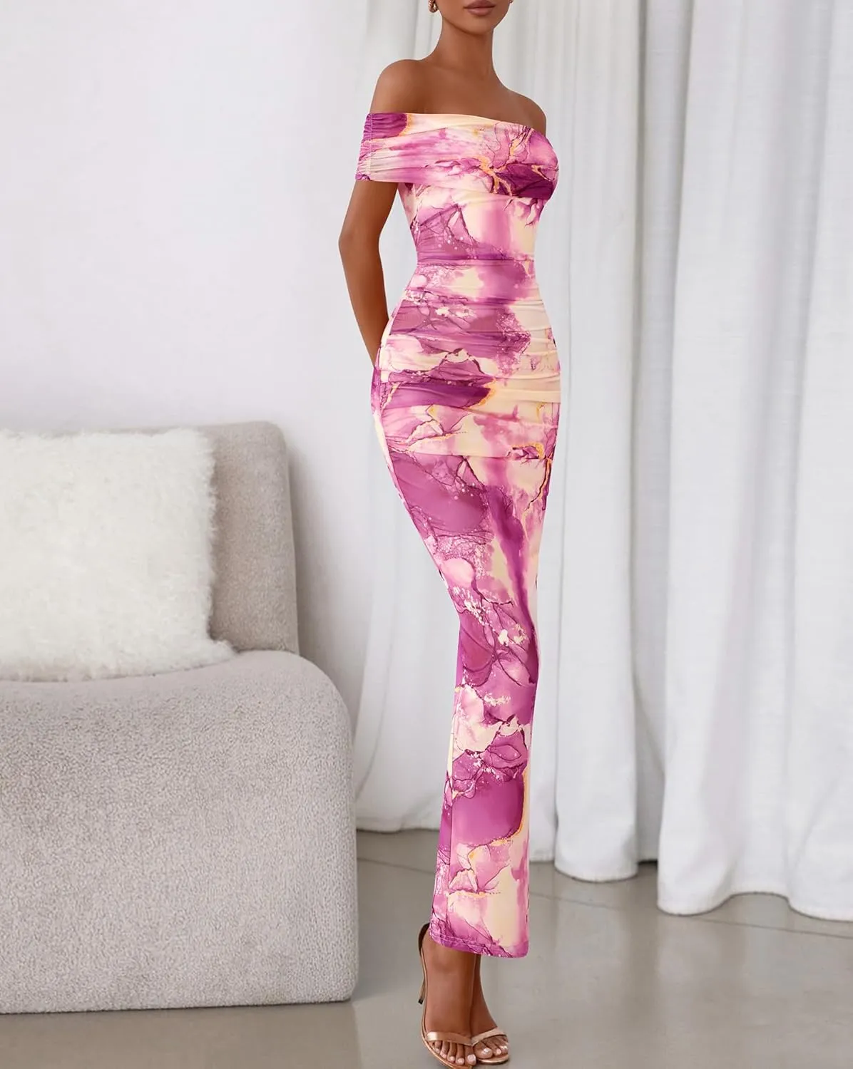 BTFBM Off Shoulder Bodycon Dresses for Women 2025 Summer Ruched Split Mesh Cocktail Party Club Floral Maxi Dress