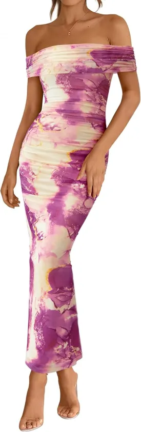 BTFBM Off Shoulder Bodycon Dresses for Women 2025 Summer Ruched Split Mesh Cocktail Party Club Floral Maxi Dress