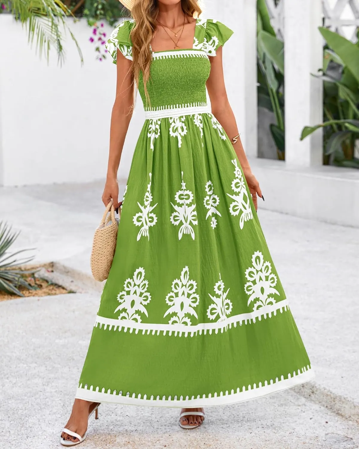 BTFBM Summer Dresses for Women 2025 Floral Smocked Boho Sleeveless Square Neck A Line Casual Beach Maxi Dress Pockets