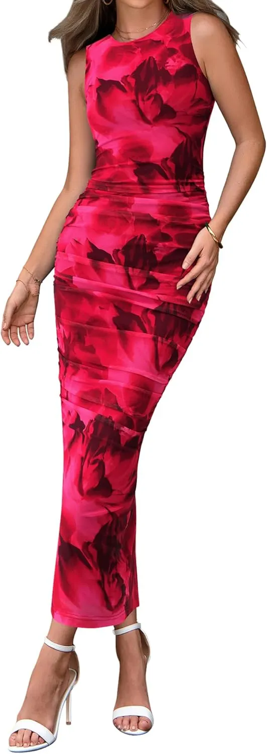 BTFBM Women Bodycon Maxi Dresses 2025 Summer Sleeveless Floral Ruched Slit Mesh Party Cocktail Wedding Guest Tank Dress