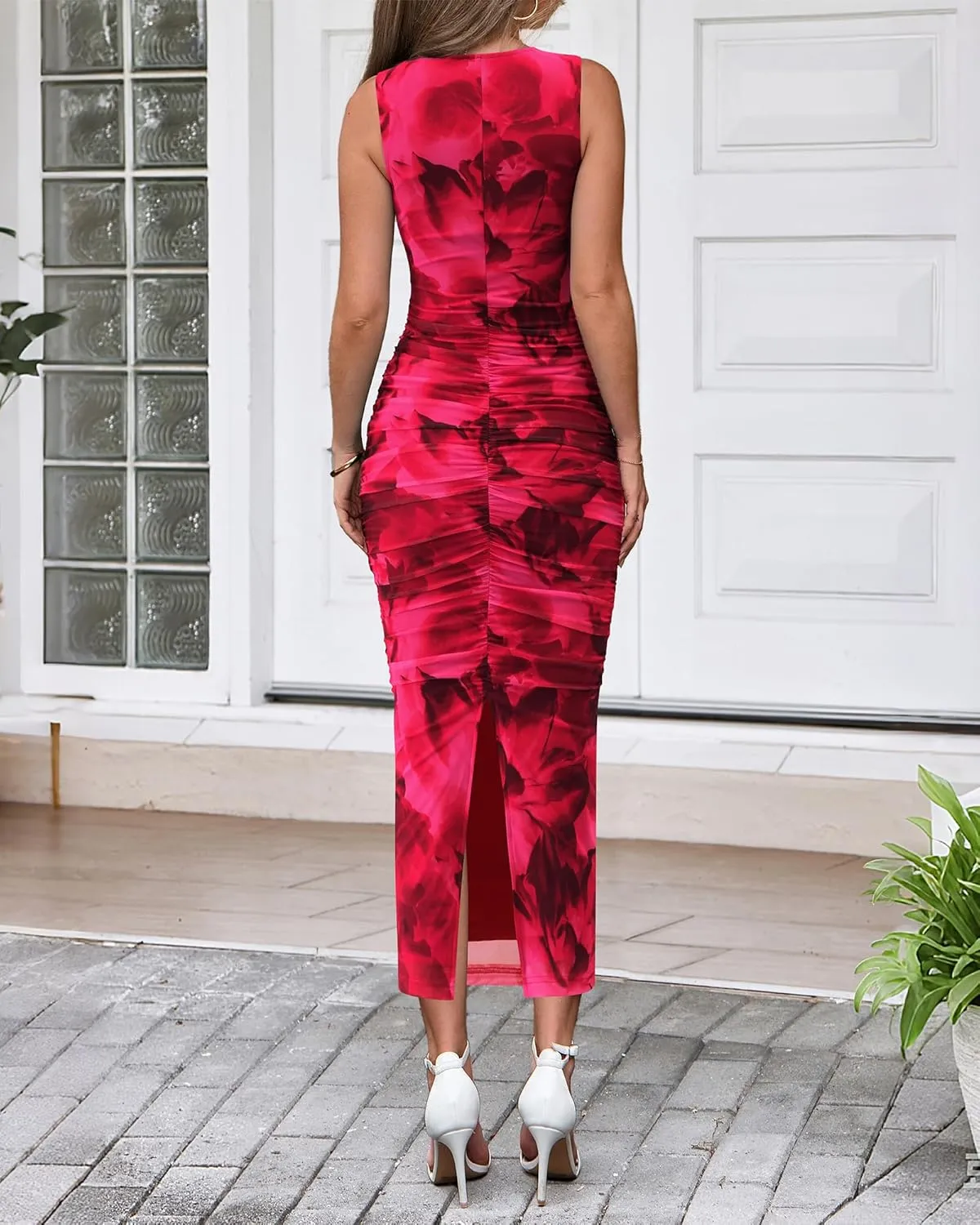 BTFBM Women Bodycon Maxi Dresses 2025 Summer Sleeveless Floral Ruched Slit Mesh Party Cocktail Wedding Guest Tank Dress