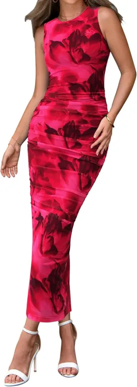 BTFBM Women Bodycon Maxi Dresses 2025 Summer Sleeveless Floral Ruched Slit Mesh Party Cocktail Wedding Guest Tank Dress