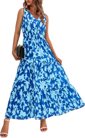 BTFBM Women Summer Dresses Casual Sleeveless Maxi Dresses Cute Floral Long Dress Wedding Guest Dress