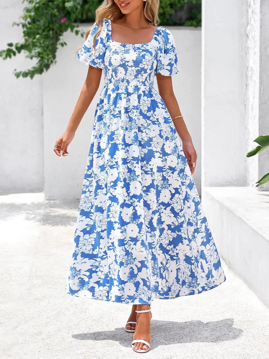 BTFBM Womens Summer 2025 Casual Maxi Dresses Short Sleeve Smocked Tiered Floral Boho Long Beach Dress with Pockets