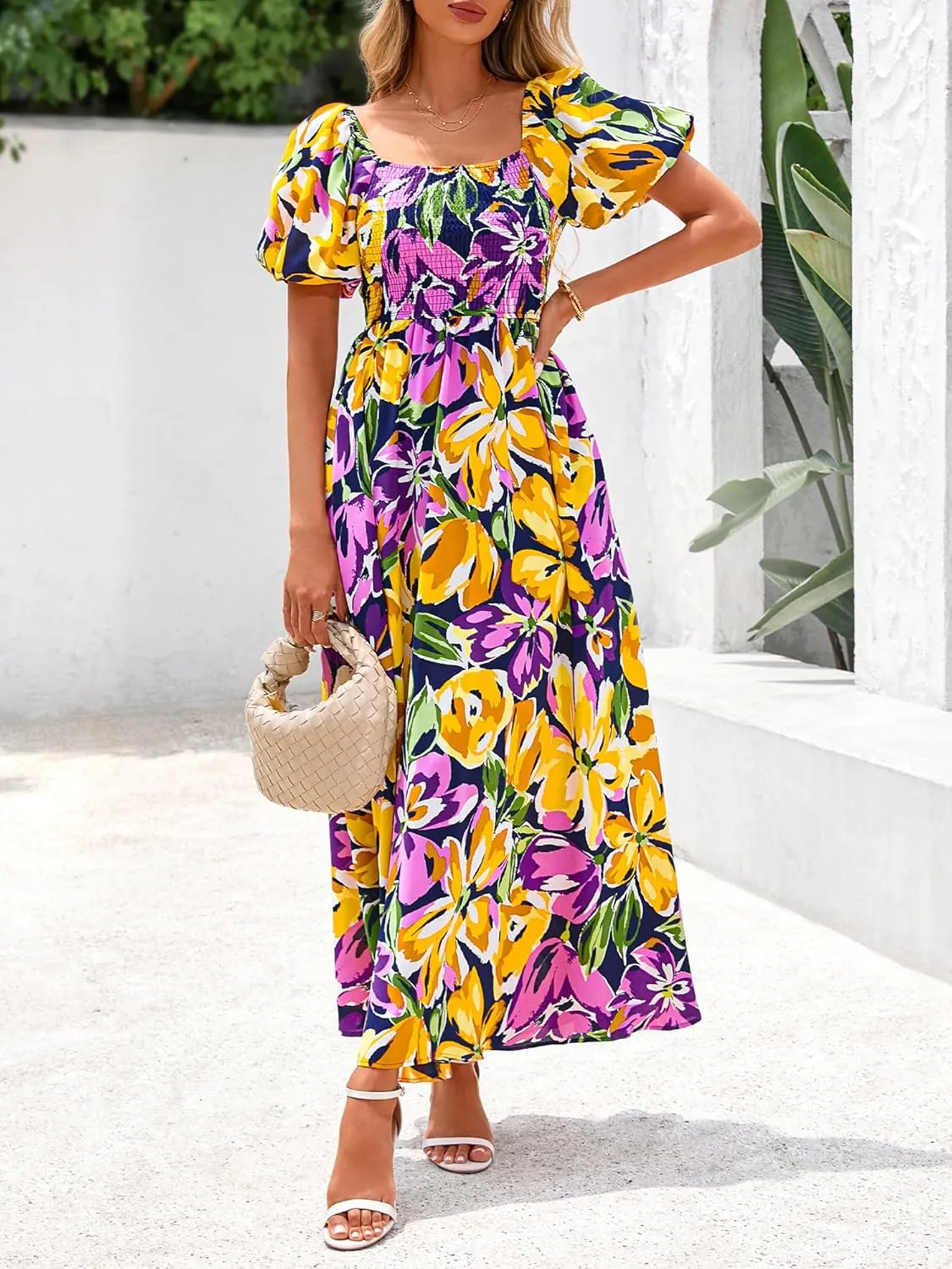 BTFBM Womens Summer 2025 Casual Maxi Dresses Short Sleeve Smocked Tiered Floral Boho Long Beach Dress with Pockets