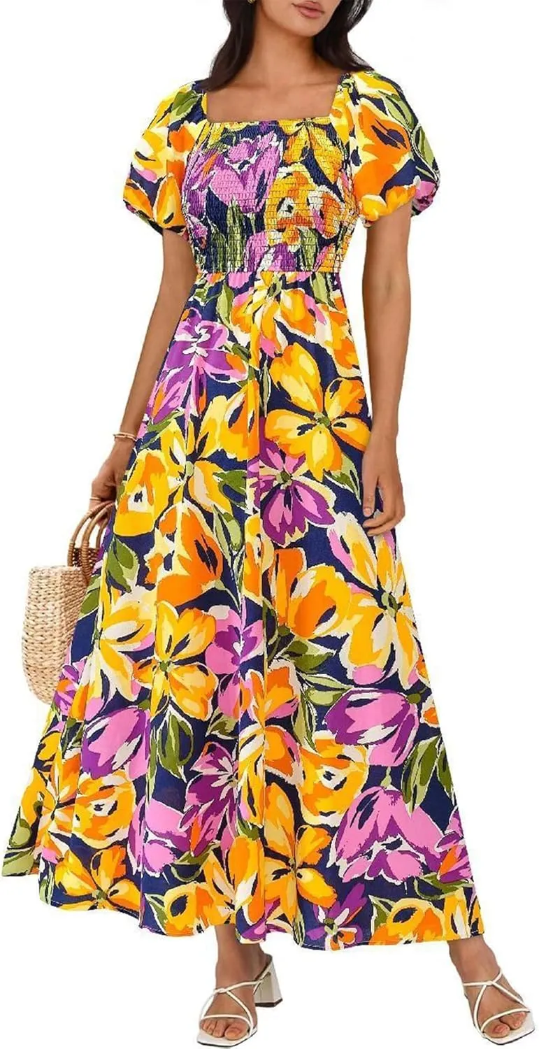 BTFBM Womens Summer 2025 Casual Maxi Dresses Short Sleeve Smocked Tiered Floral Boho Long Beach Dress with Pockets