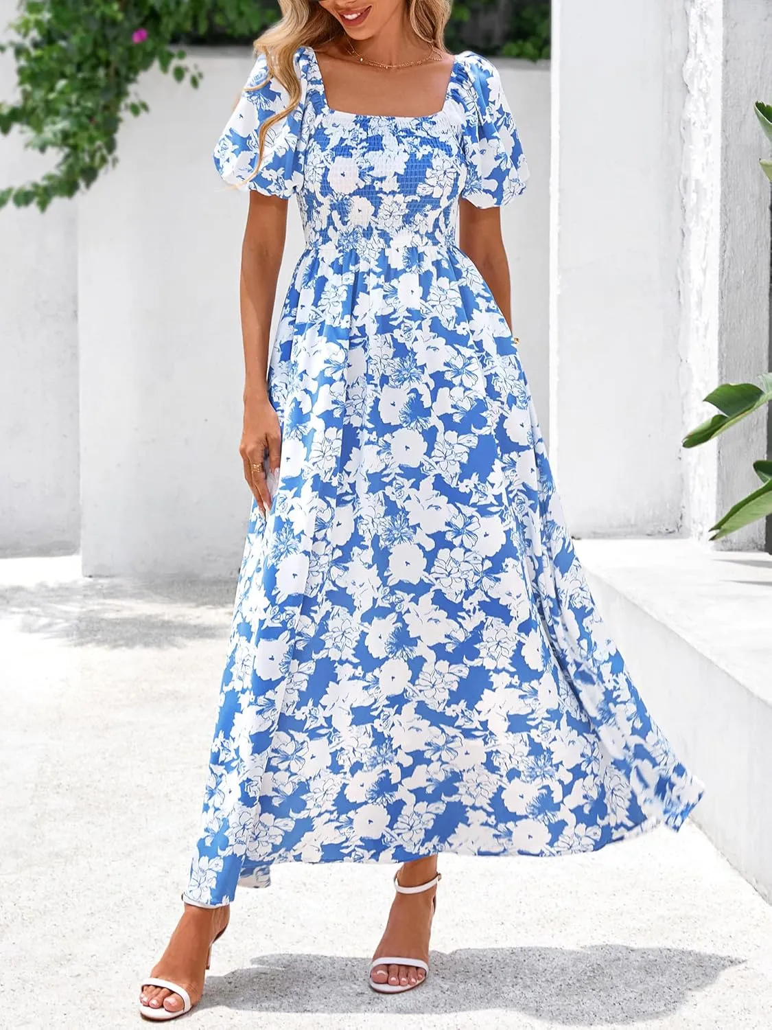 BTFBM Womens Summer 2025 Casual Maxi Dresses Short Sleeve Smocked Tiered Floral Boho Long Beach Dress with Pockets
