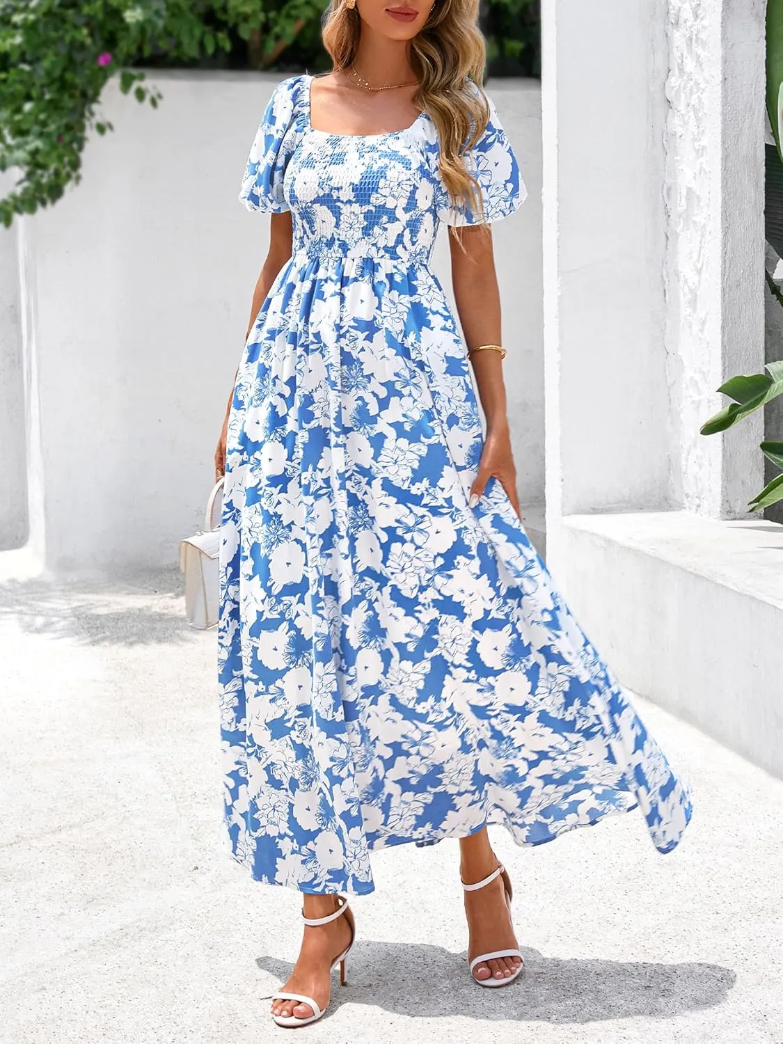 BTFBM Womens Summer 2025 Casual Maxi Dresses Short Sleeve Smocked Tiered Floral Boho Long Beach Dress with Pockets