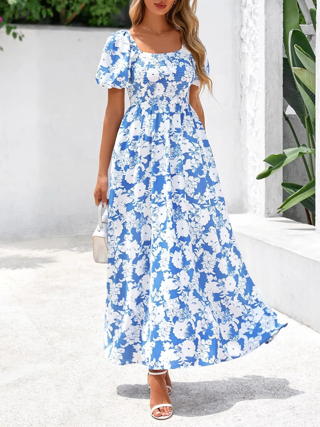 BTFBM Womens Summer 2025 Casual Maxi Dresses Short Sleeve Smocked Tiered Floral Boho Long Beach Dress with Pockets