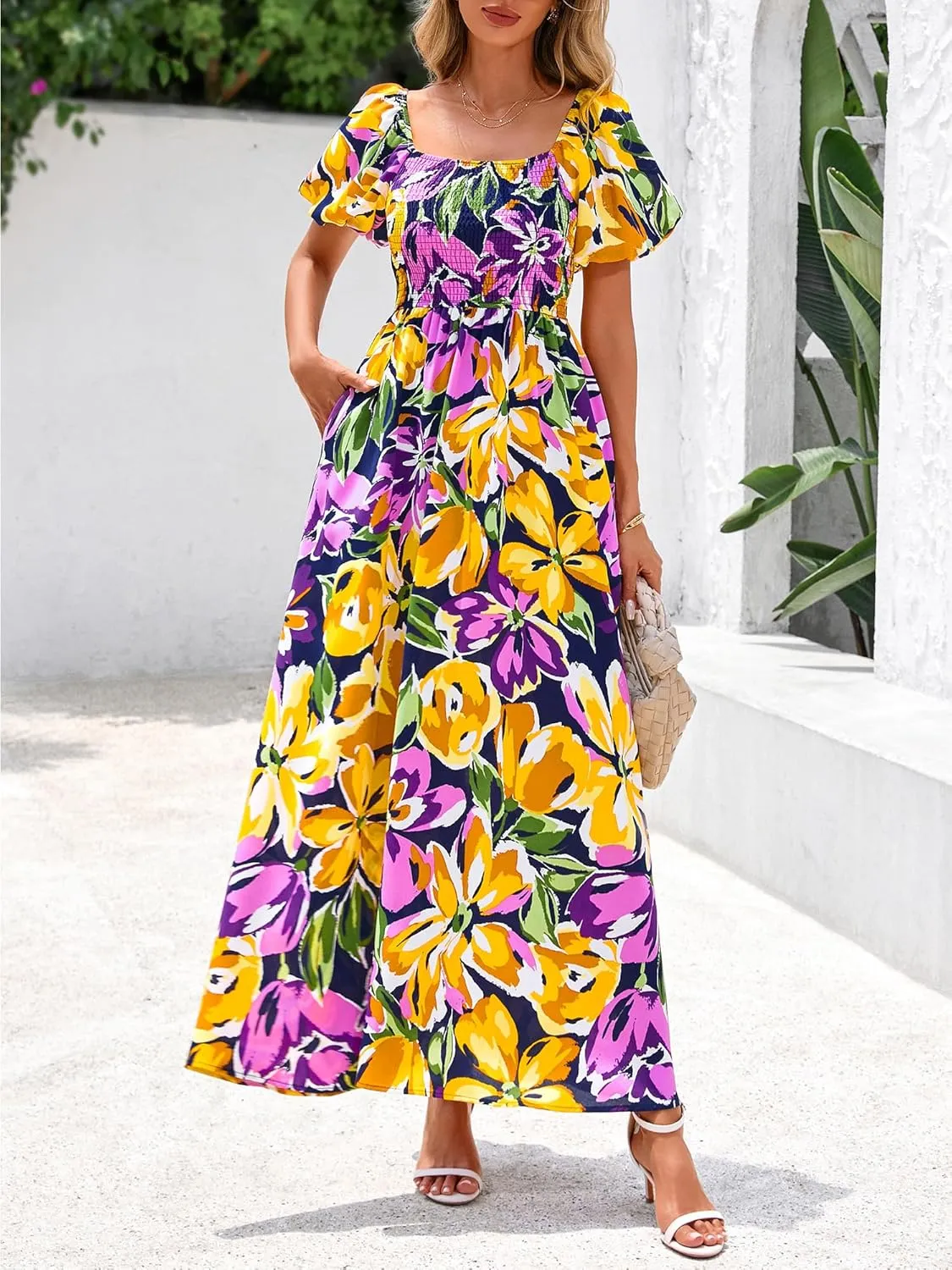 BTFBM Womens Summer 2025 Casual Maxi Dresses Short Sleeve Smocked Tiered Floral Boho Long Beach Dress with Pockets