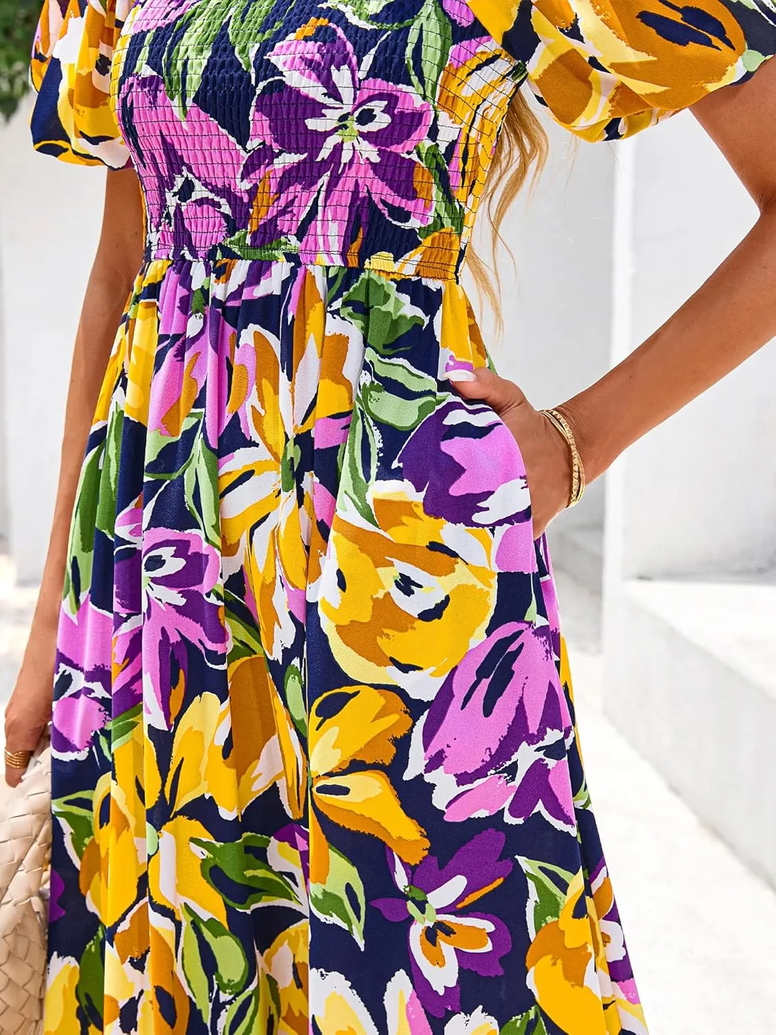 BTFBM Womens Summer 2025 Casual Maxi Dresses Short Sleeve Smocked Tiered Floral Boho Long Beach Dress with Pockets
