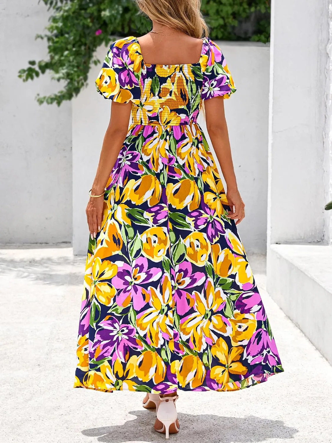 BTFBM Womens Summer 2025 Casual Maxi Dresses Short Sleeve Smocked Tiered Floral Boho Long Beach Dress with Pockets