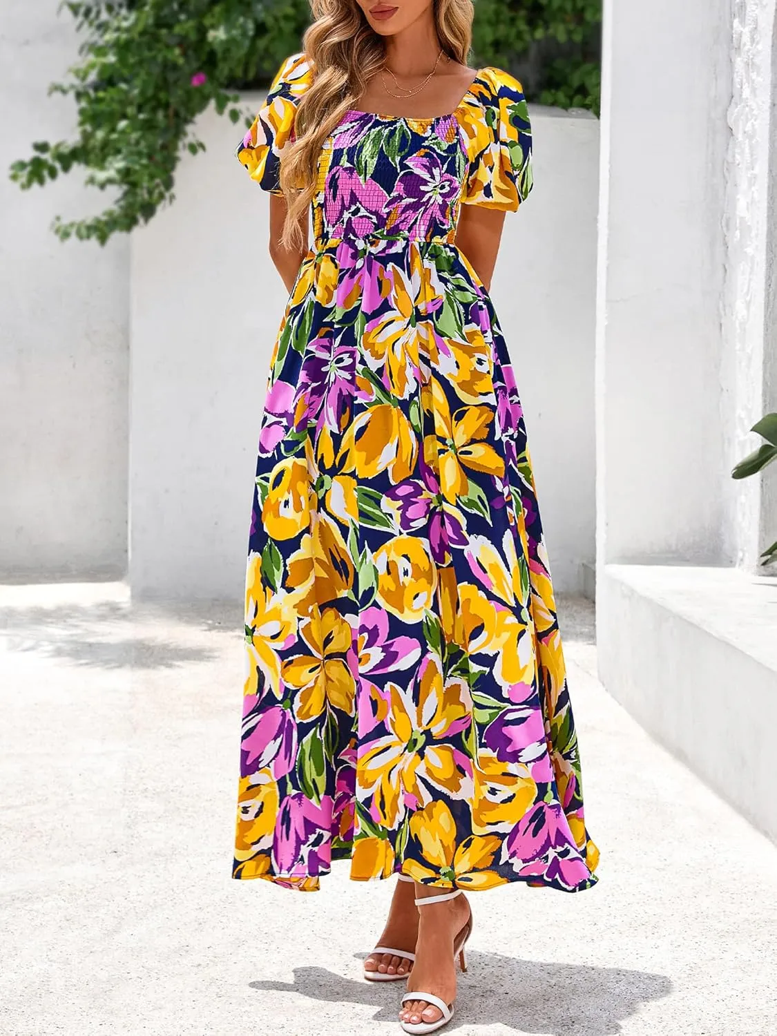 BTFBM Womens Summer 2025 Casual Maxi Dresses Short Sleeve Smocked Tiered Floral Boho Long Beach Dress with Pockets