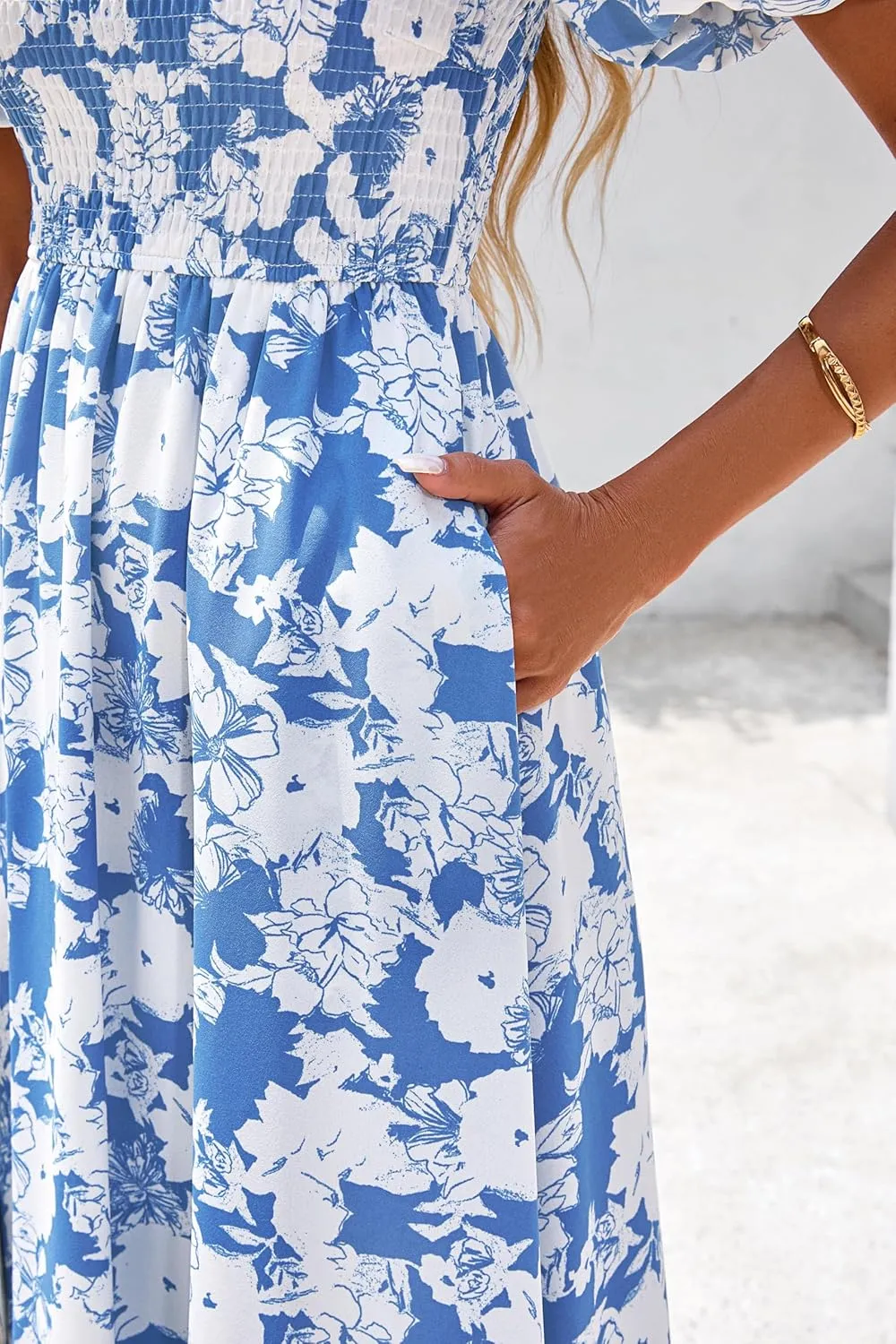 BTFBM Womens Summer 2025 Casual Maxi Dresses Short Sleeve Smocked Tiered Floral Boho Long Beach Dress with Pockets