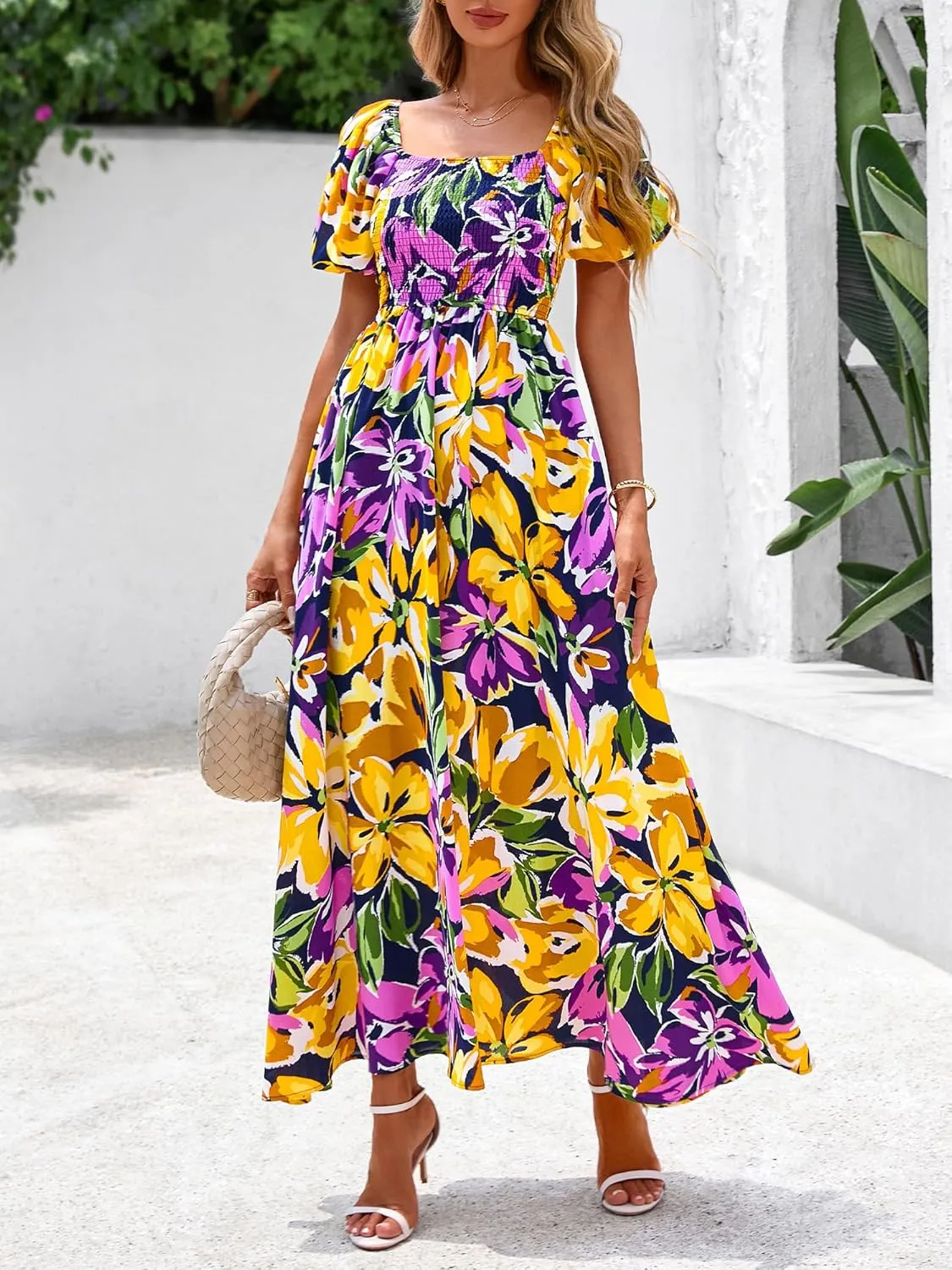 BTFBM Womens Summer 2025 Casual Maxi Dresses Short Sleeve Smocked Tiered Floral Boho Long Beach Dress with Pockets