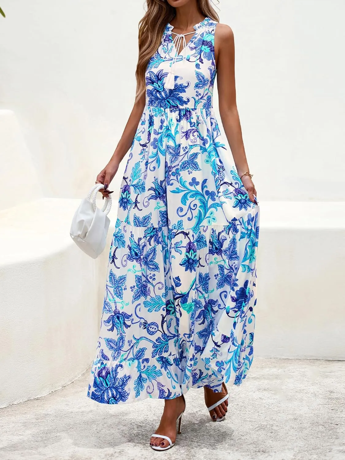 BTFBM Womens Summer Maxi Dresses 2025 Casual Sleeveless V Neck Loose Fit Floral Boho Dress Beach Long Sundress