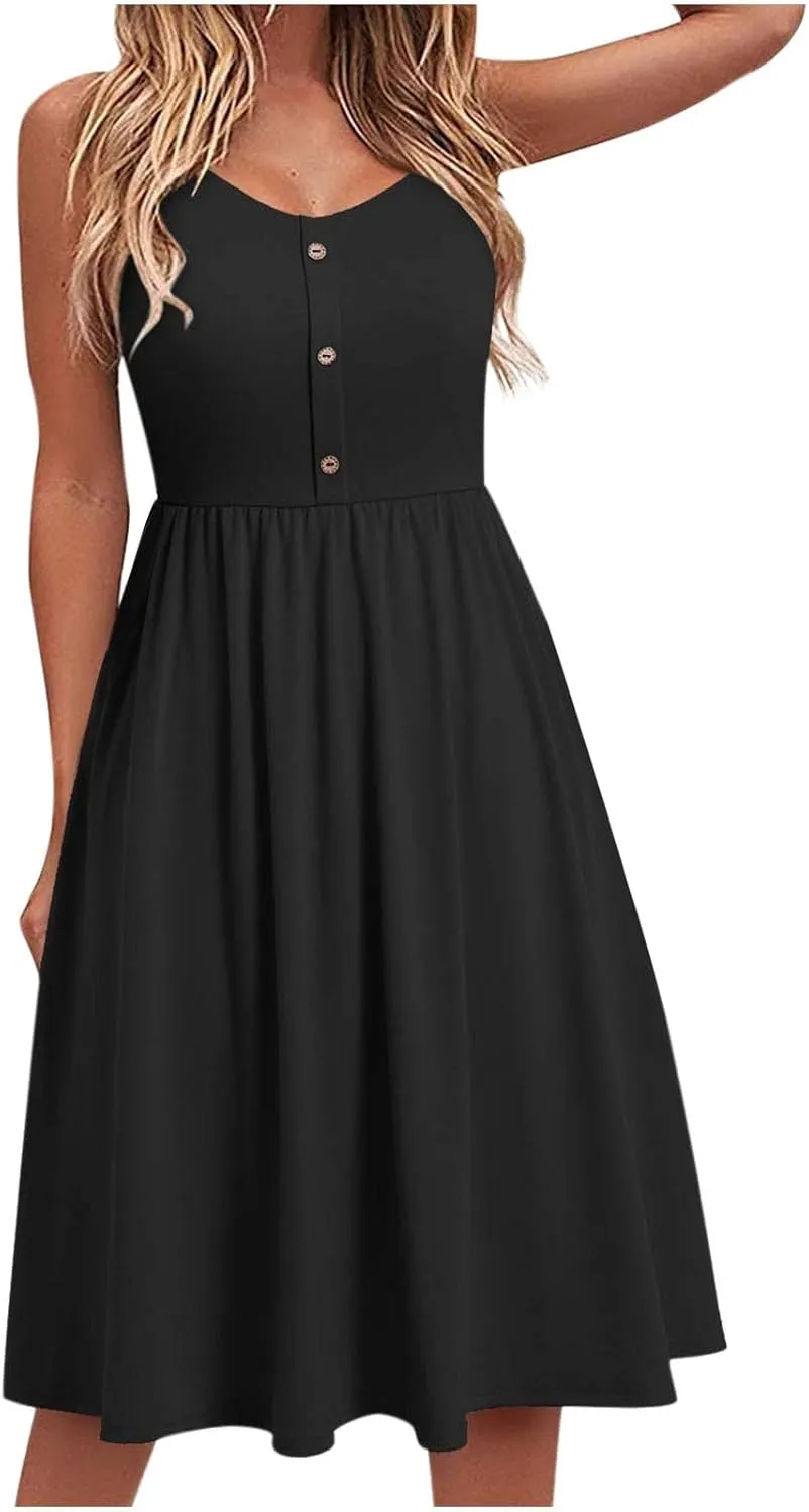 Button Front Midi Dress for Women Sleeveless Spaghetti Strap A Line Casual Summer Sundress Comfy Fit Everyday Style